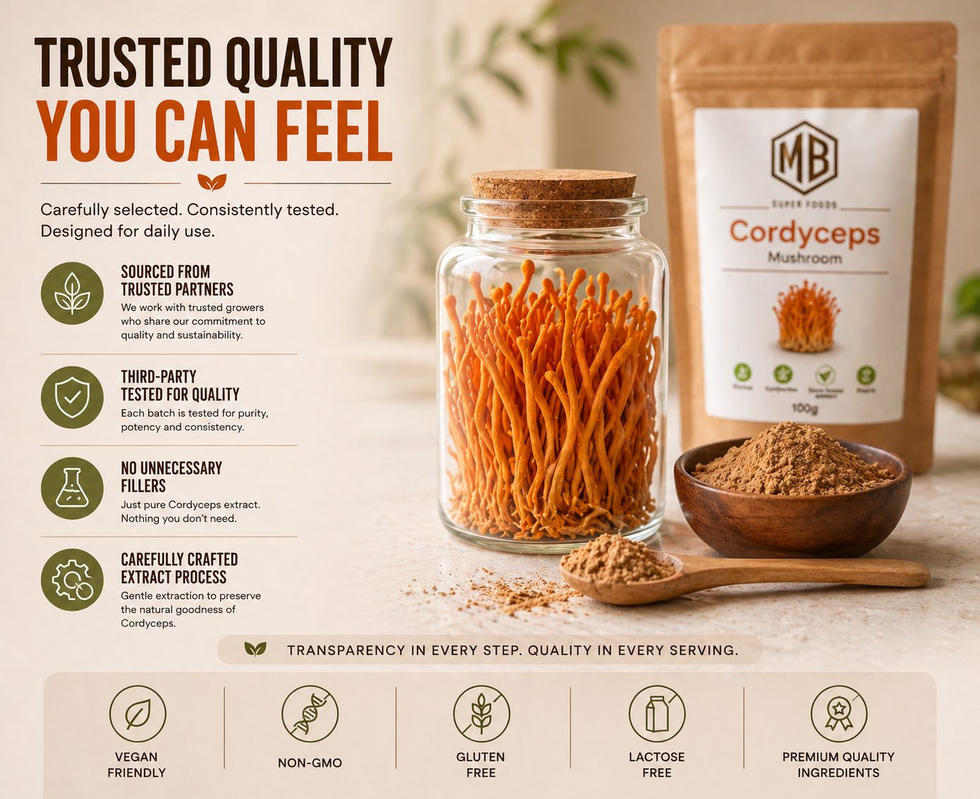 Cordyceps mushroom extract powder daily use supplement in pouch natural energy stamina routine MB Superfoods