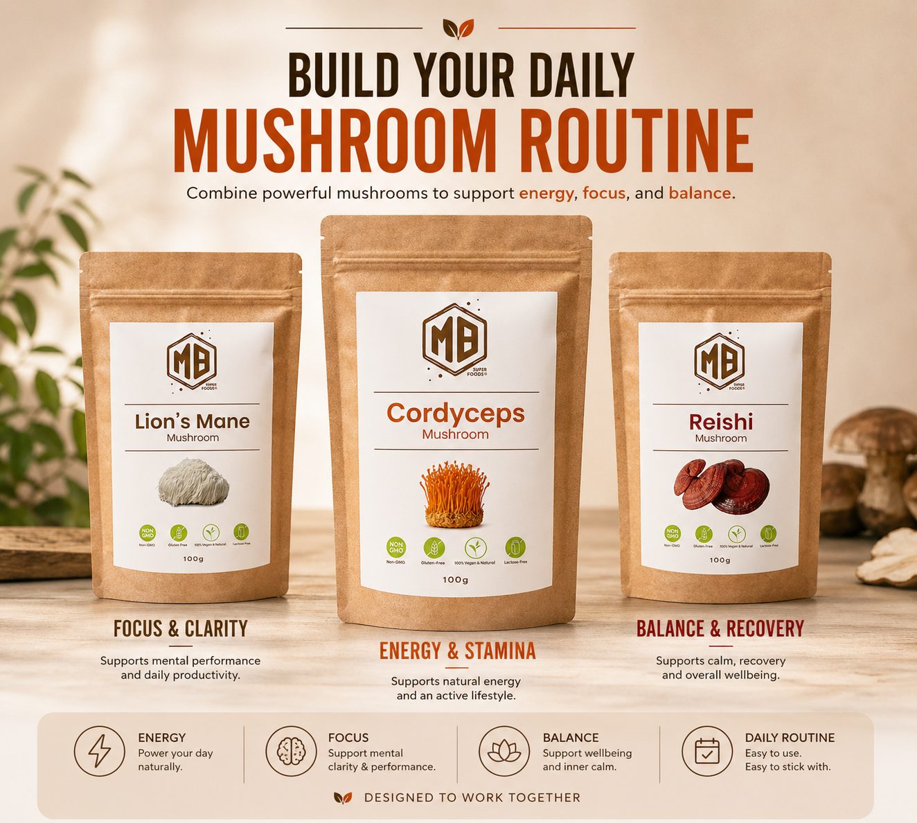 Cordyceps mushroom extract powder premium pouch natural supplement for energy stamina daily routine MB Superfoods