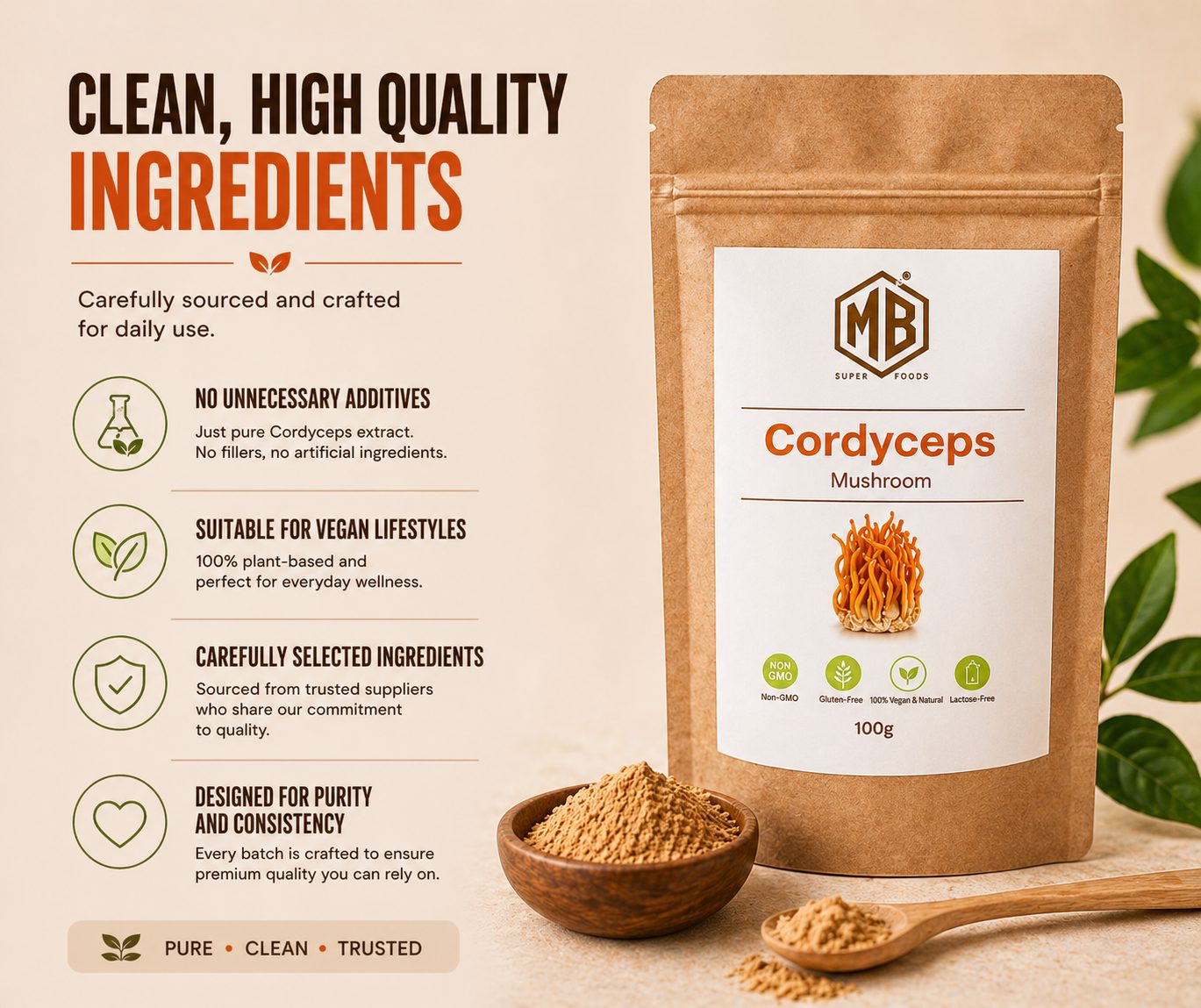 Cordyceps mushroom extract powder in premium pouch natural energy supplement for stamina and performance MB Superfoods