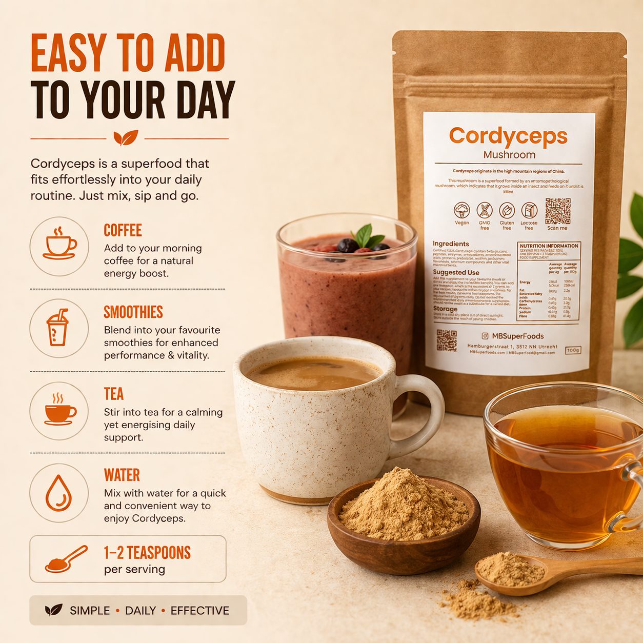 Cordyceps mushroom extract powder in premium pouch natural energy stamina supplement MB Superfoods high quality