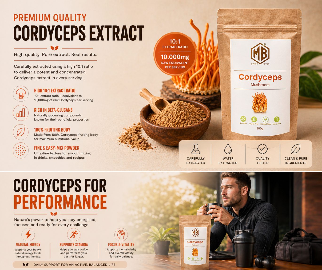Cordyceps mushroom extract powder high quality natural supplement in pouch for energy stamina and daily performance