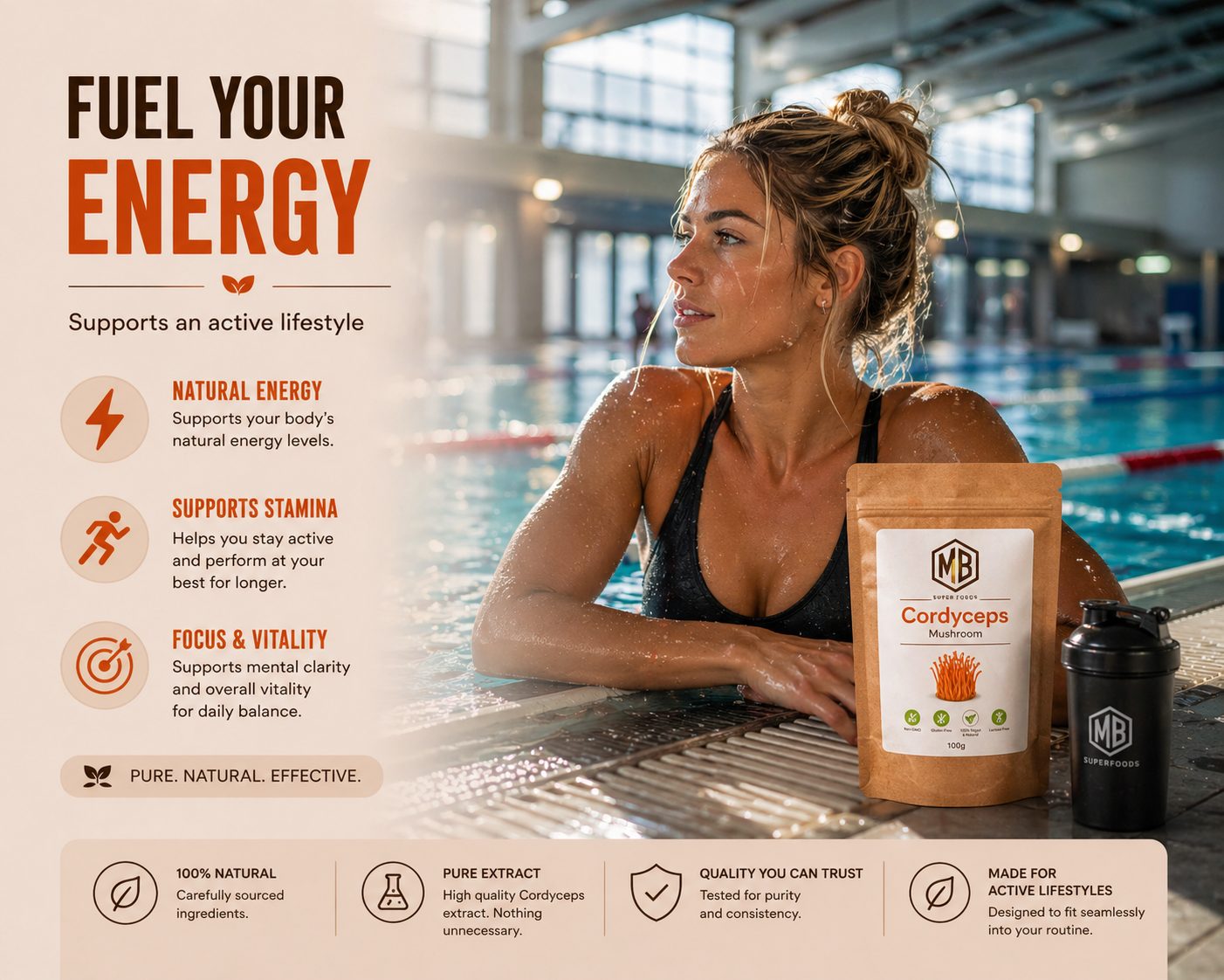 Cordyceps mushroom extract powder in pouch natural supplement for energy stamina daily routine MB Superfoods