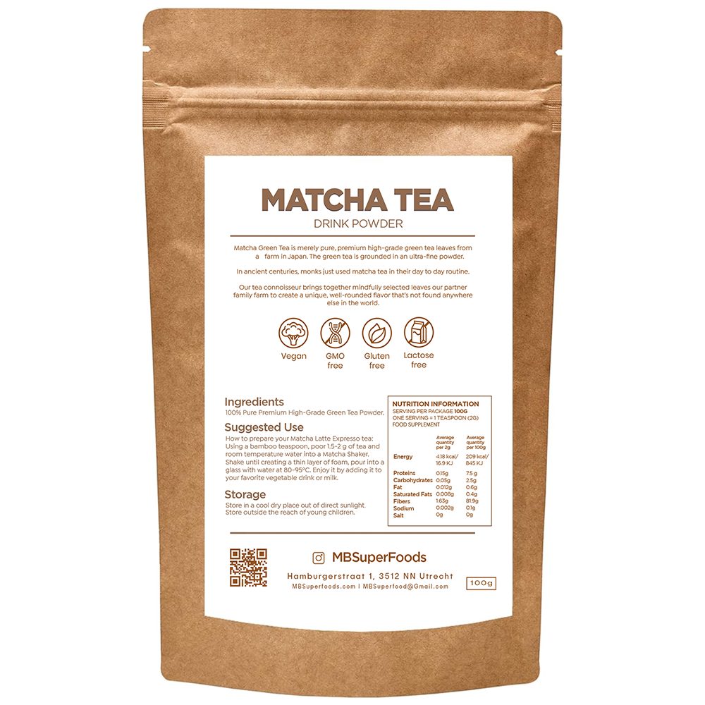 Back of MB Superfoods Matcha Tea Powder Bag – Nutritional Information, Ingredients, and Usage Guide (100g)