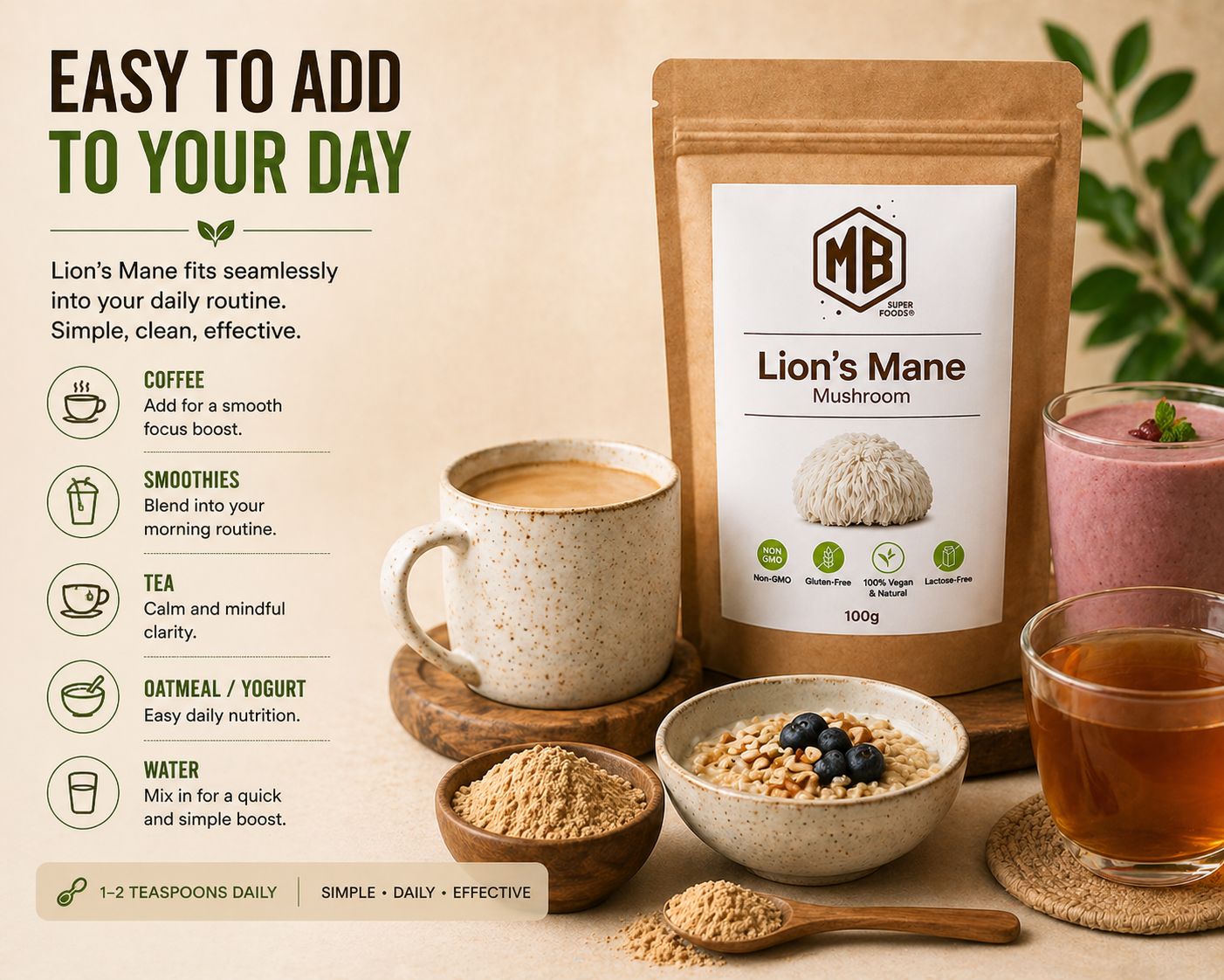 Lion’s Mane mushroom powder how to use daily coffee smoothie tea yogurt MB Superfoods