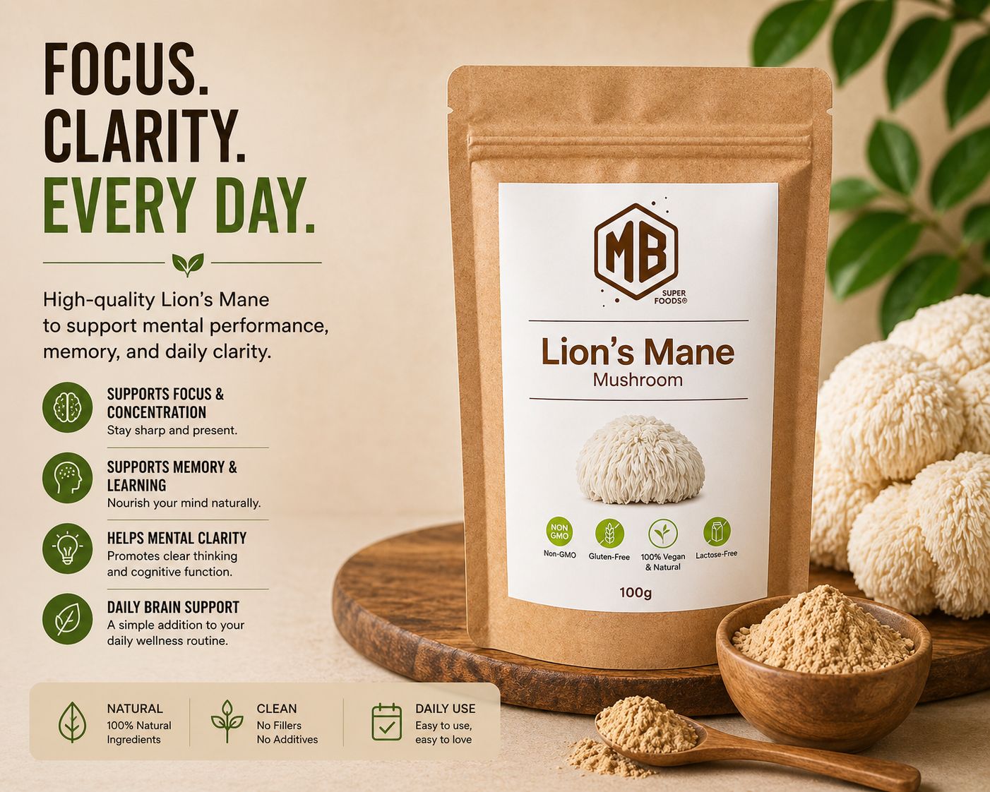 Lion’s Mane mushroom powder focus clarity memory brain support MB Superfoods premium quality
