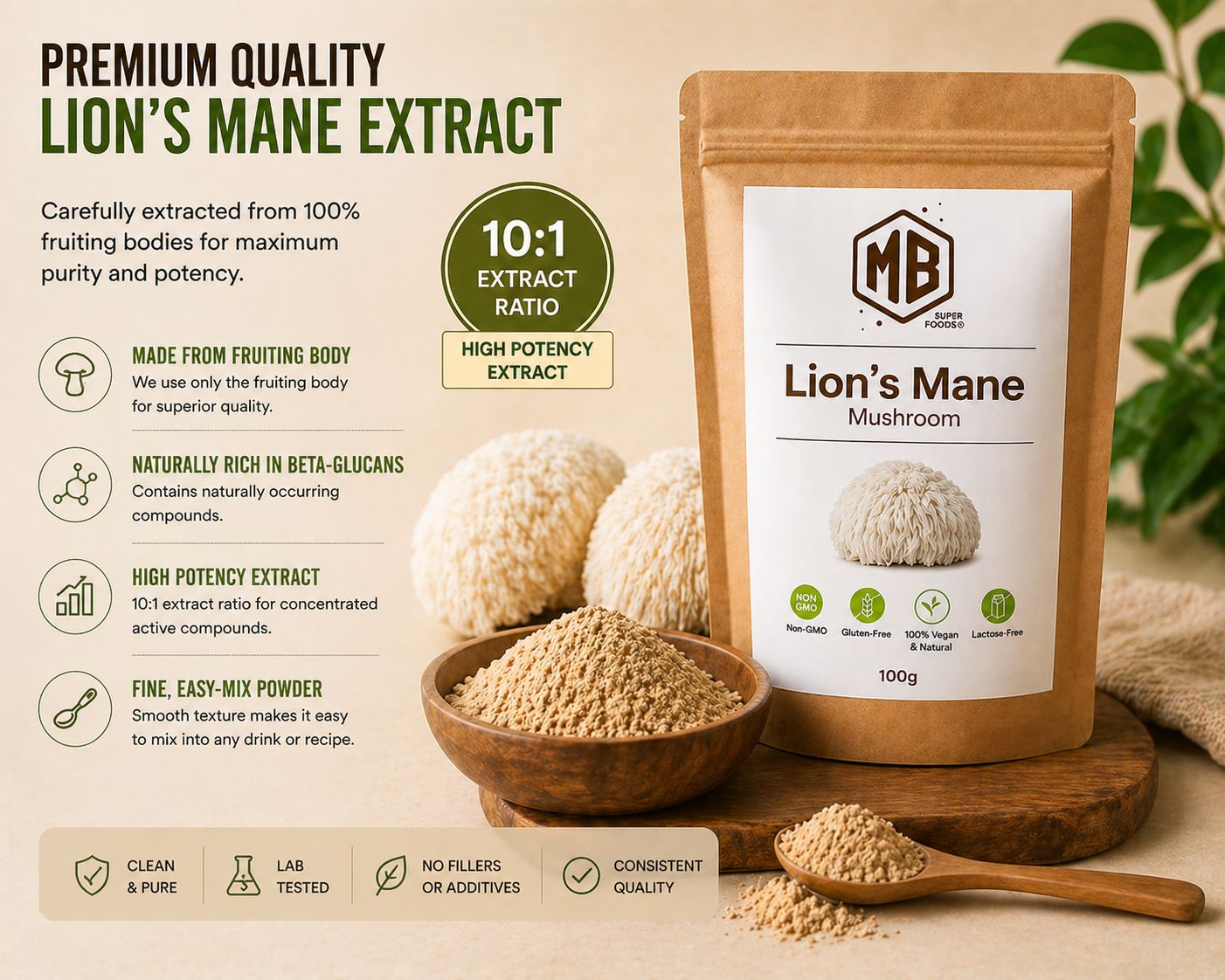 Lion’s Mane mushroom extract powder 10 to 1 high potency premium quality MB Superfoods