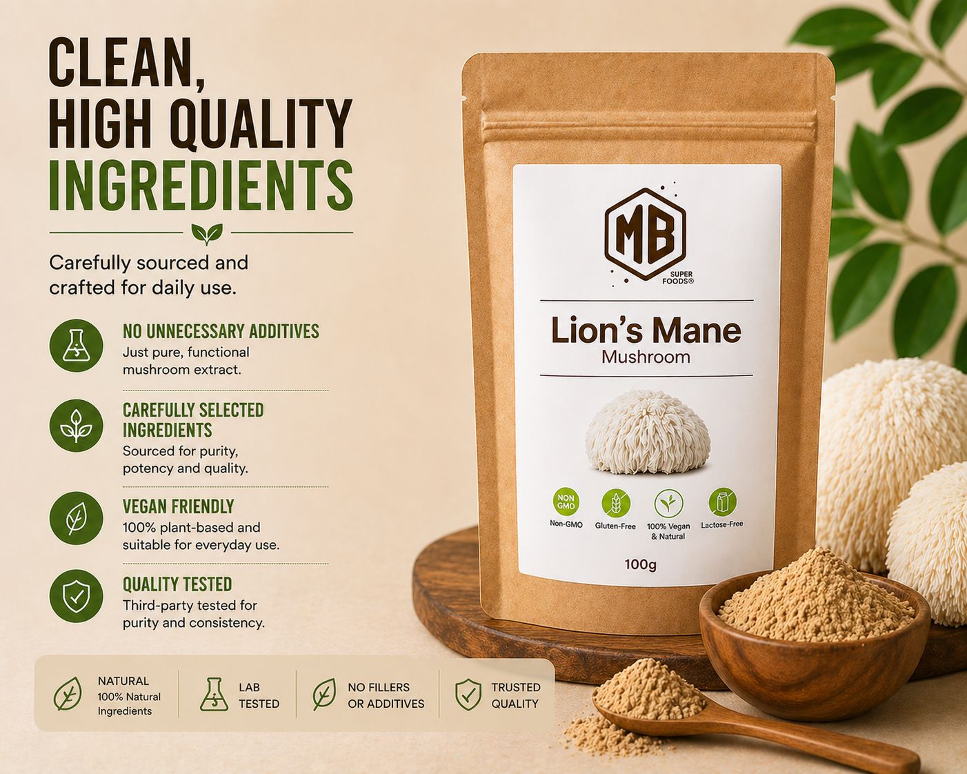 Lion’s Mane mushroom powder in eco-friendly pouch with high quality natural ingredients and vegan supplement benefits
