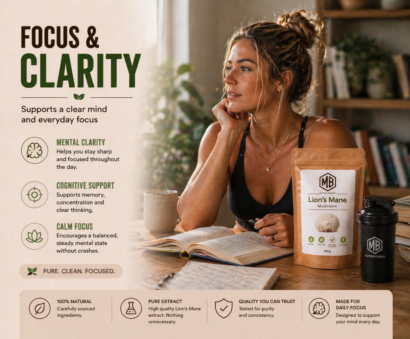 Lion’s Mane mushroom powder for focus and mental clarity with woman reading and natural supplement for daily cognitive support