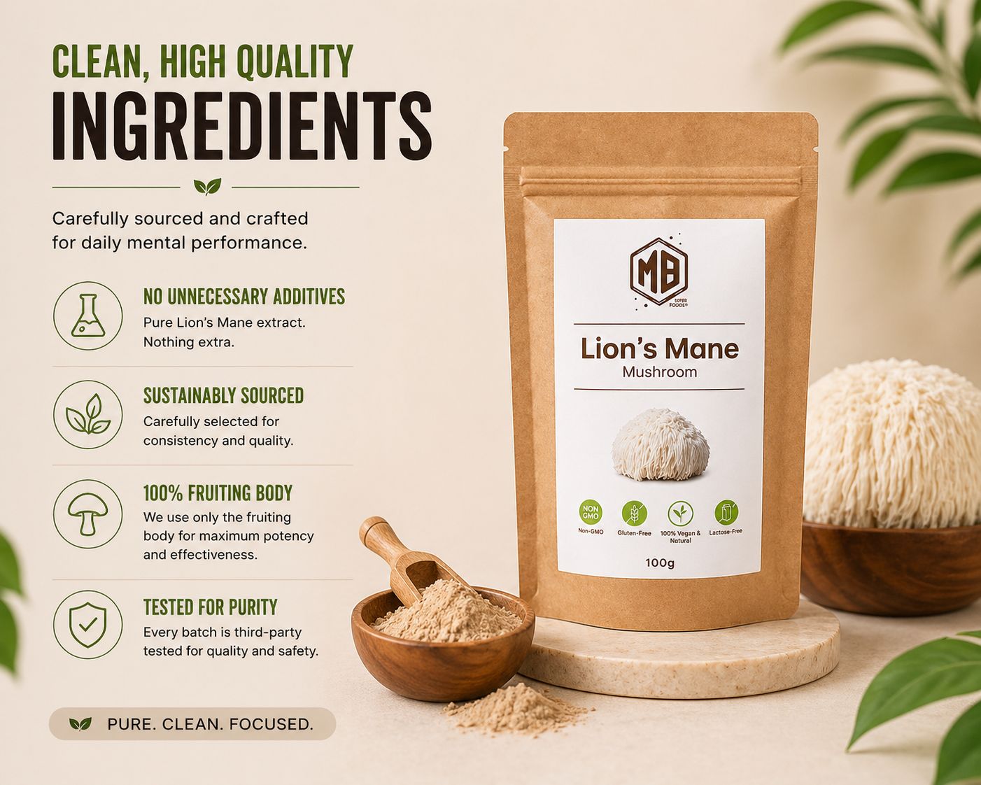 Lion’s Mane mushroom powder high quality ingredients clean supplement fruiting body extract MB Superfoods pouch