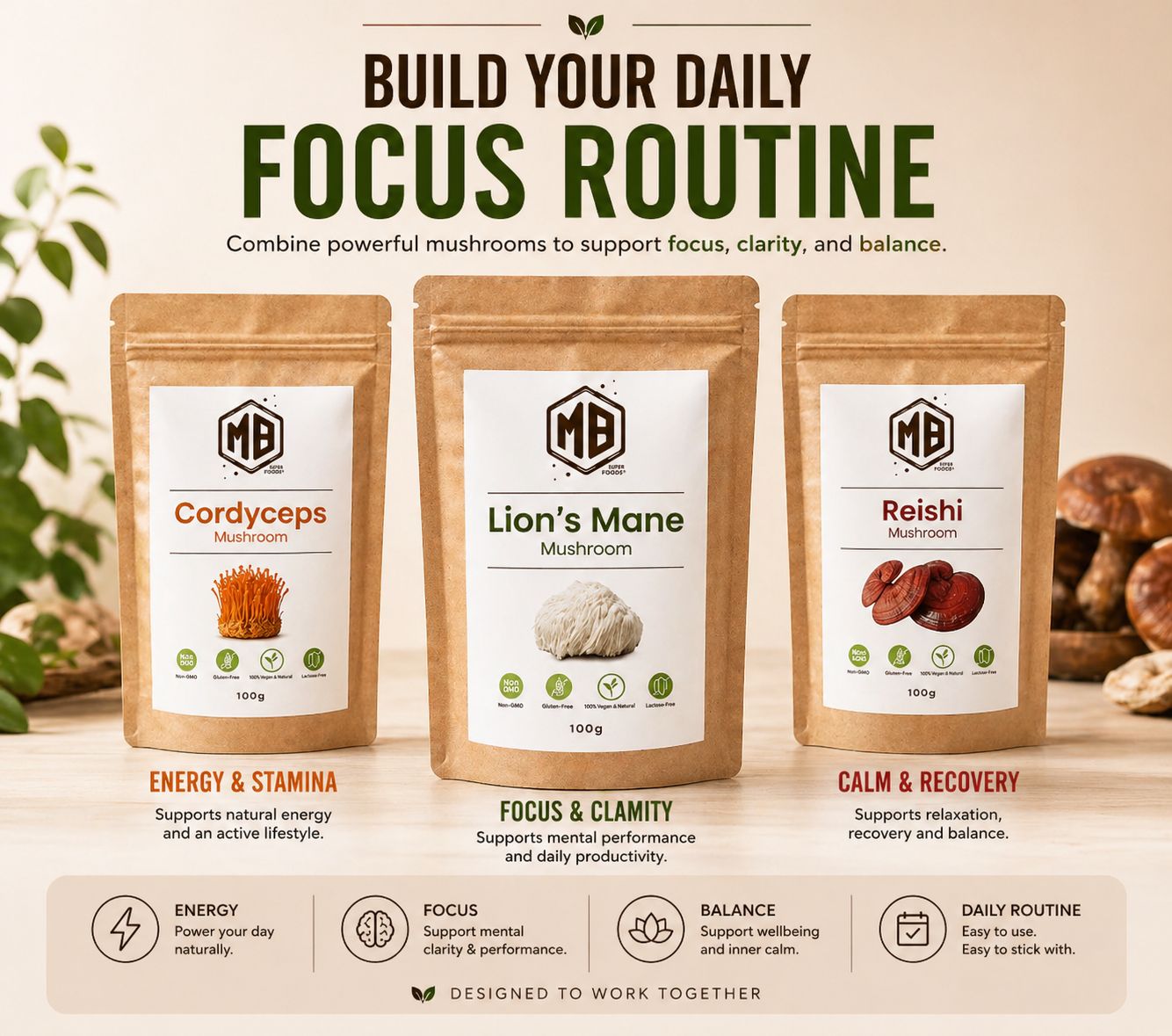 Lion’s Mane Cordyceps Reishi mushroom powder daily routine focus clarity energy natural supplements MB Superfoods