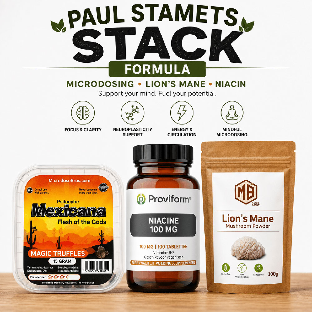 Paul Stamets Stack Formula with Mexicana magic truffles, Lion’s Mane powder and Niacin 100 mg