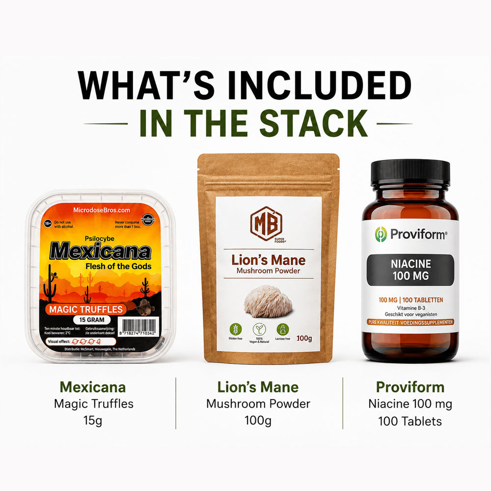 What’s included in the Energy Stack: McMicrodose Premium Magic Truffles, Cordyceps mushroom powder and niacin vitamin B3 tablets