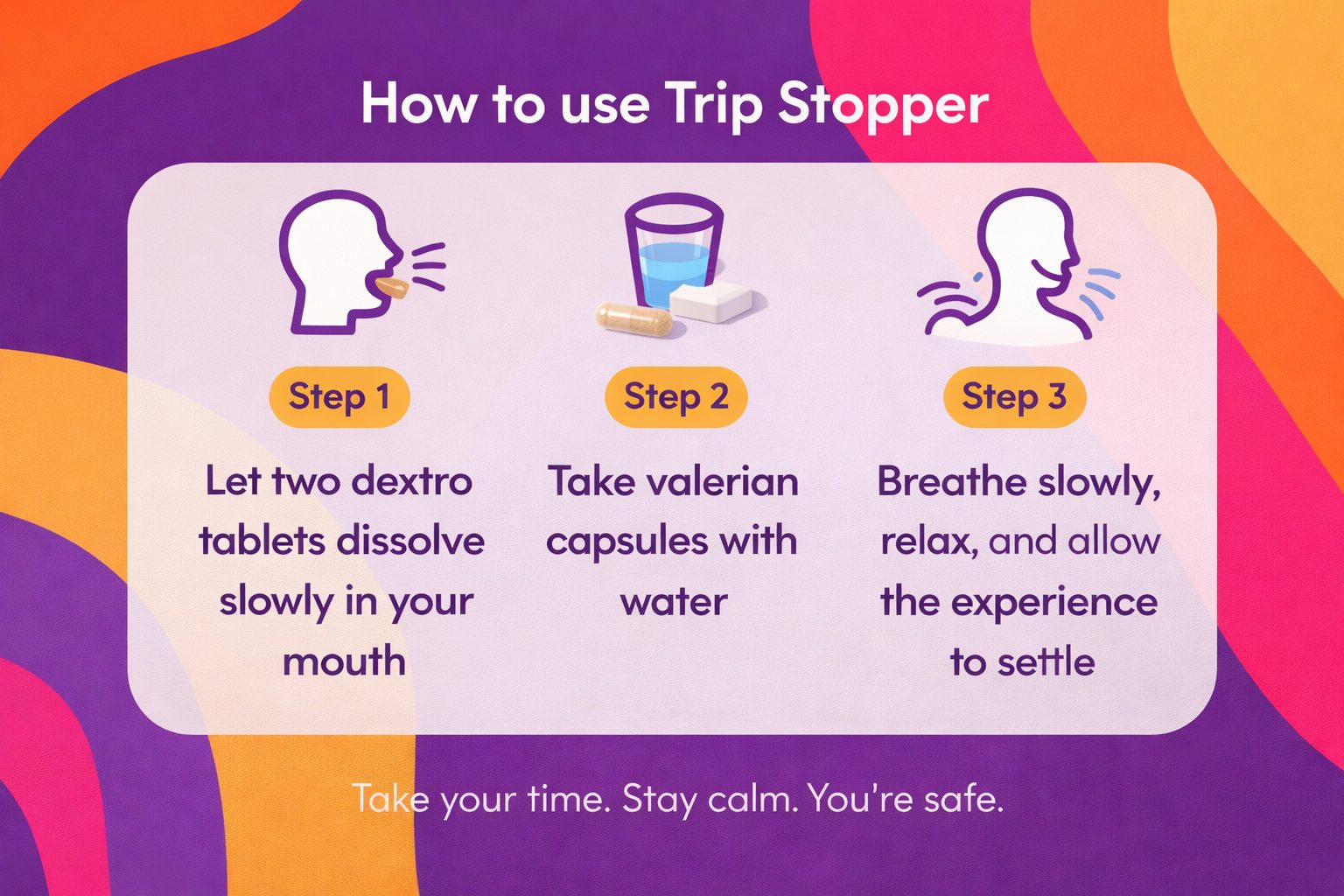 How to use Trip Stopper Psyche Stop step by step with dextrose tablets, valerian capsules, and calming breathing