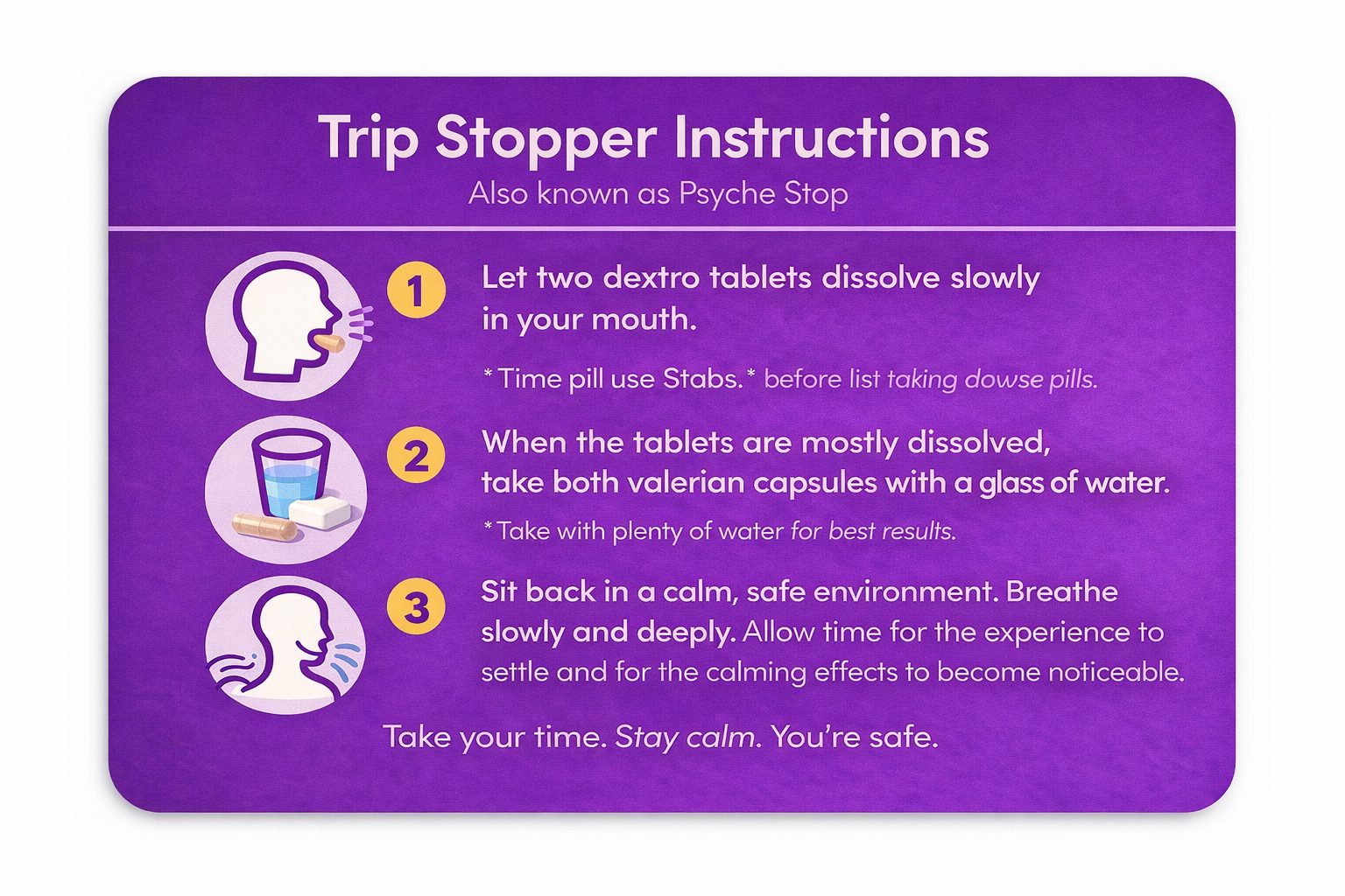 Trip Stopper Psyche Stop instruction card with full written step by step usage instructions