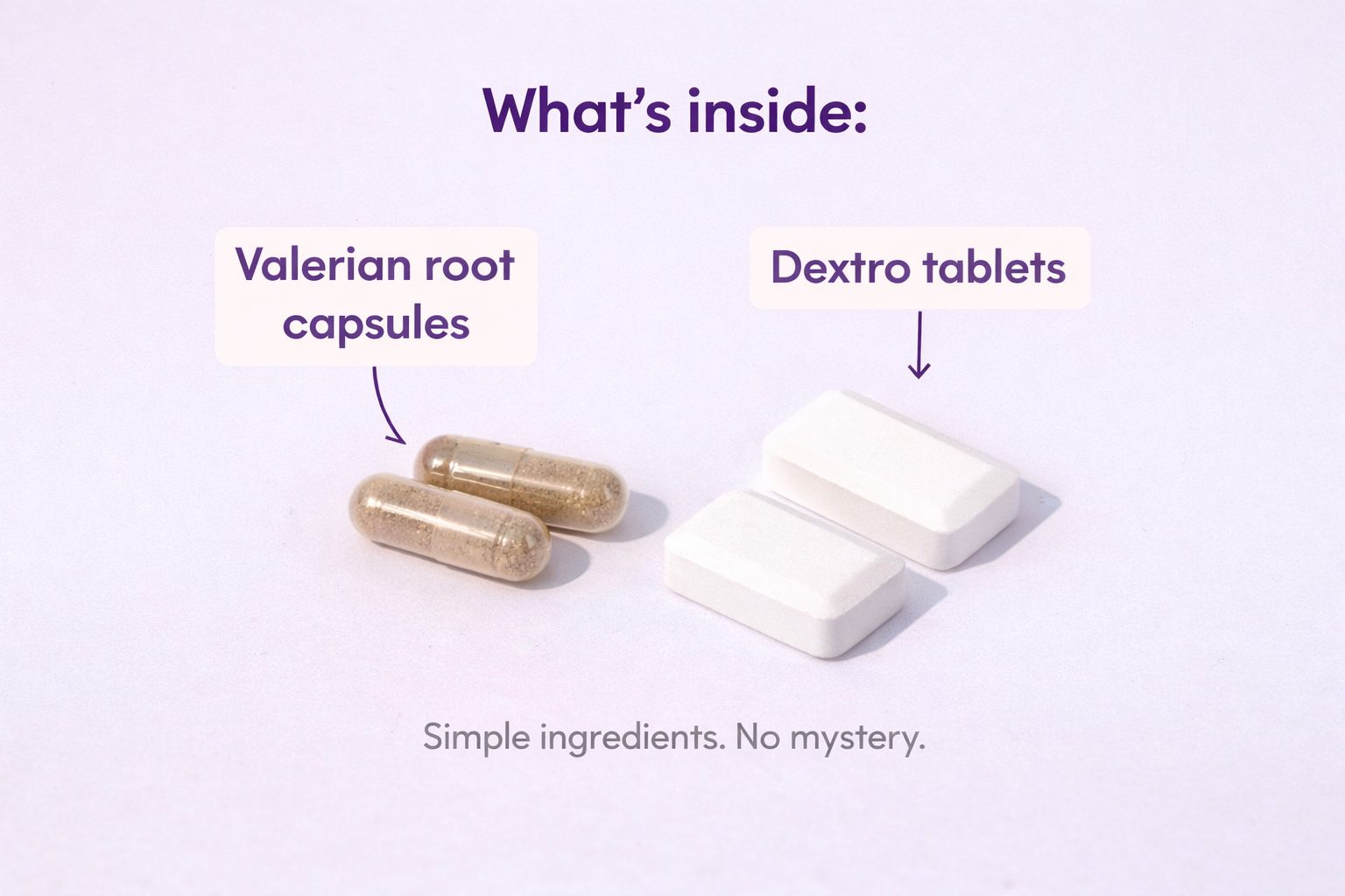 What’s inside Trip Stopper Psyche Stop showing valerian root capsules and dextrose tablets