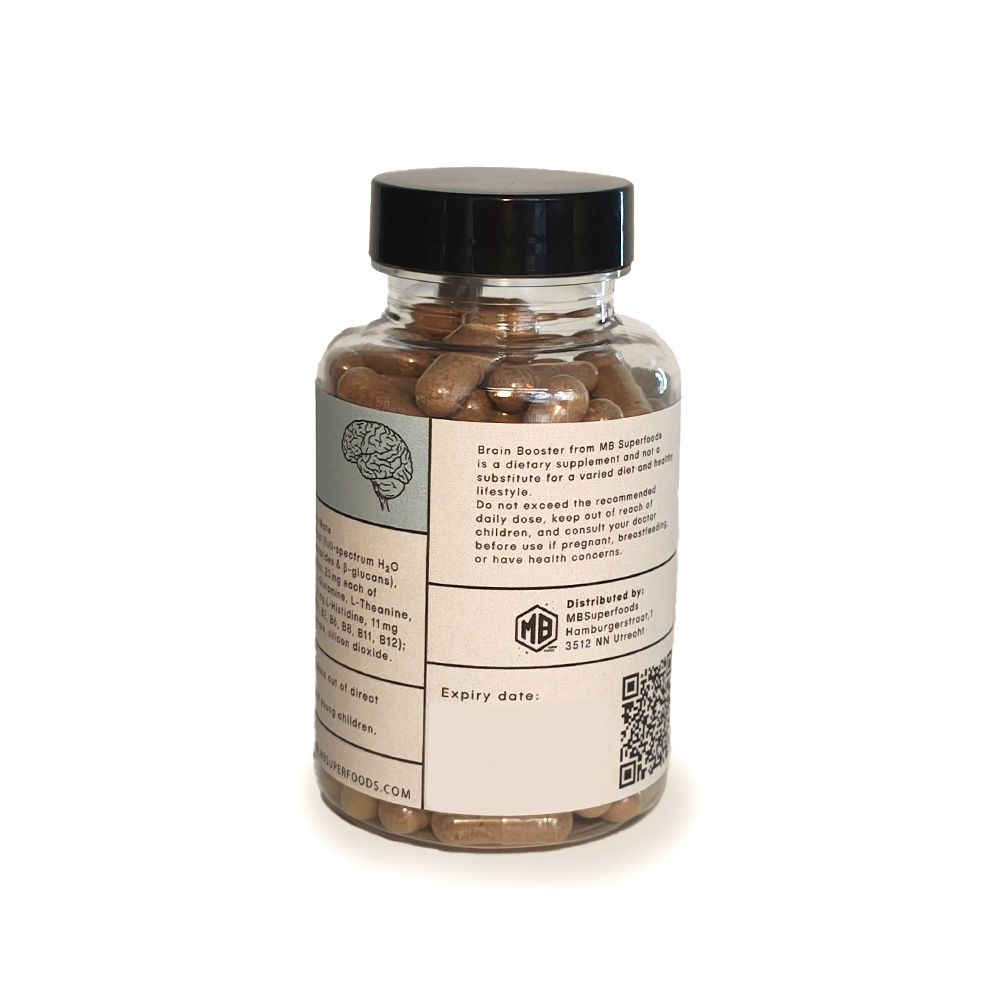 Brain Booster capsules bottle back label MB Superfoods supplement ingredients and usage information