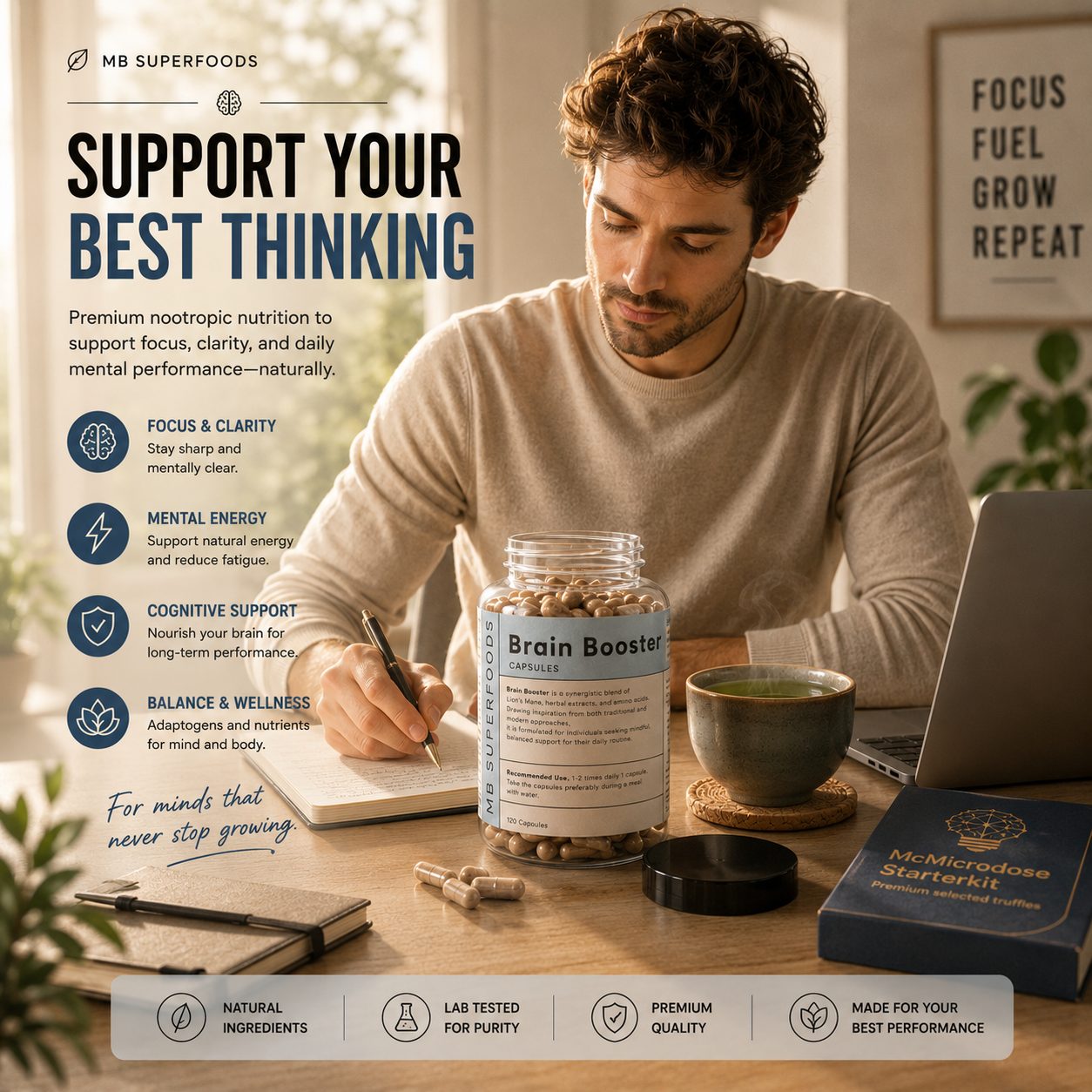 Lifestyle image of MB Superfoods Brain Booster capsules with journaling, green tea and productivity workspace for mental clarity and focus