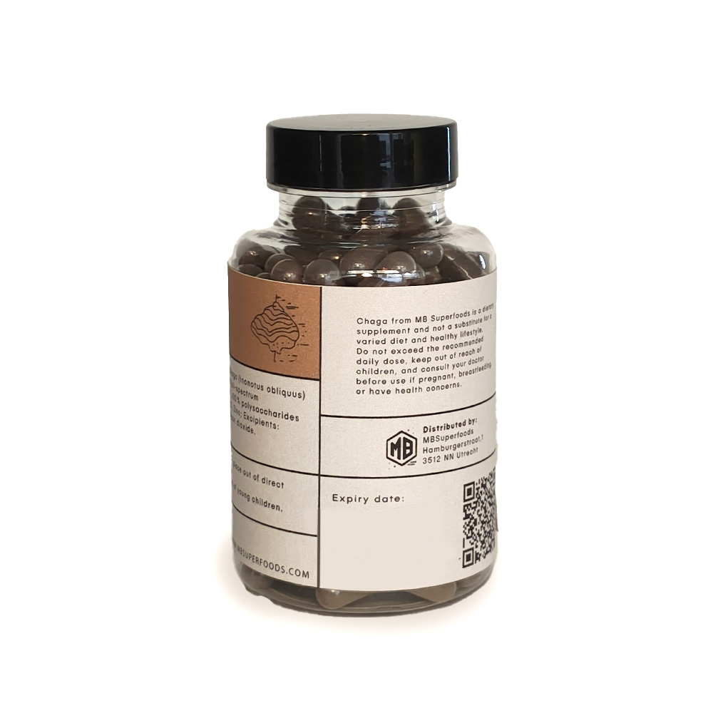Chaga mushroom capsules bottle back label MB Superfoods supplement ingredients and usage details