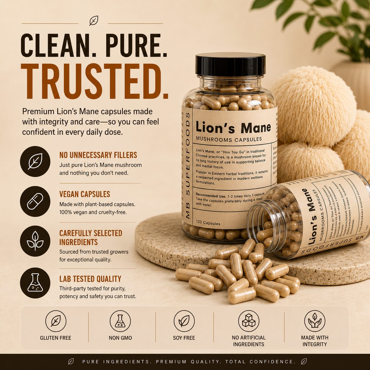 MB Superfoods Lion’s Mane Mushroom Capsules with clean ingredients, vegan capsules and lab tested quality