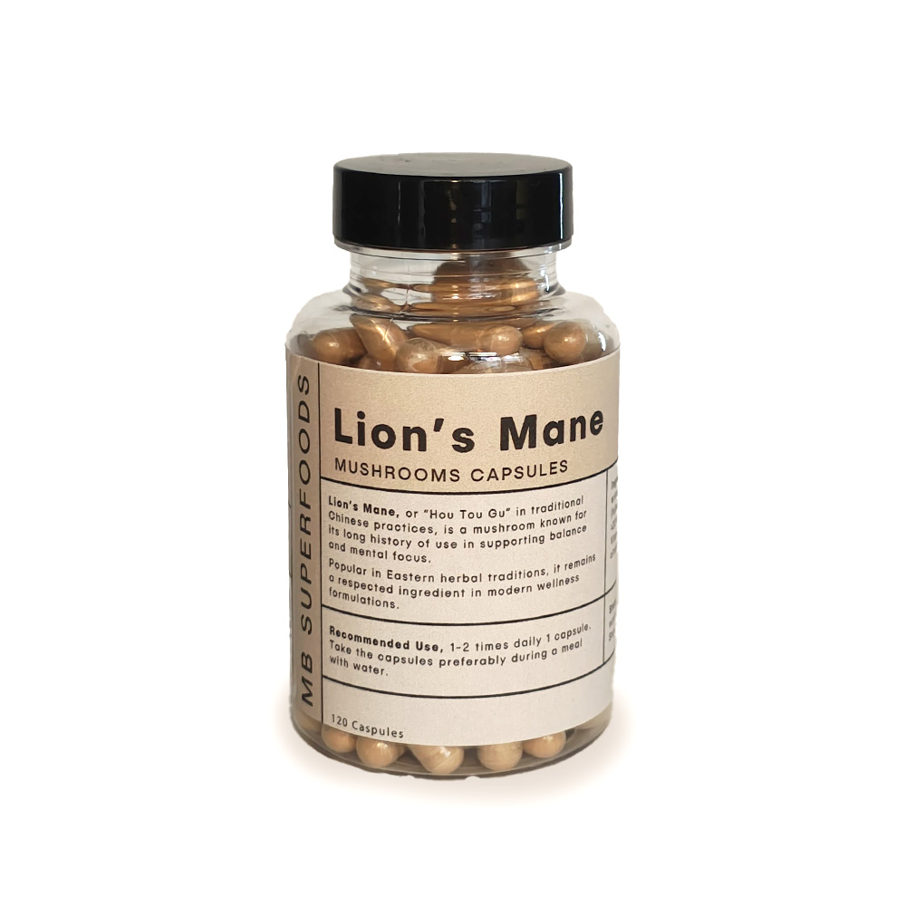 Lion’s Mane mushroom capsules bottle – MB Superfoods 120 capsules