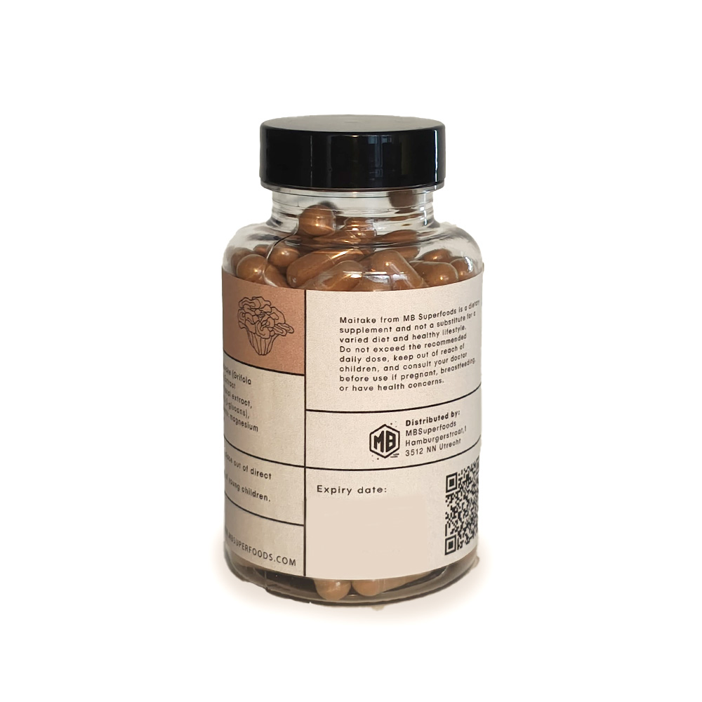 Maitake mushroom capsules bottle back label MB Superfoods supplement ingredients and usage information