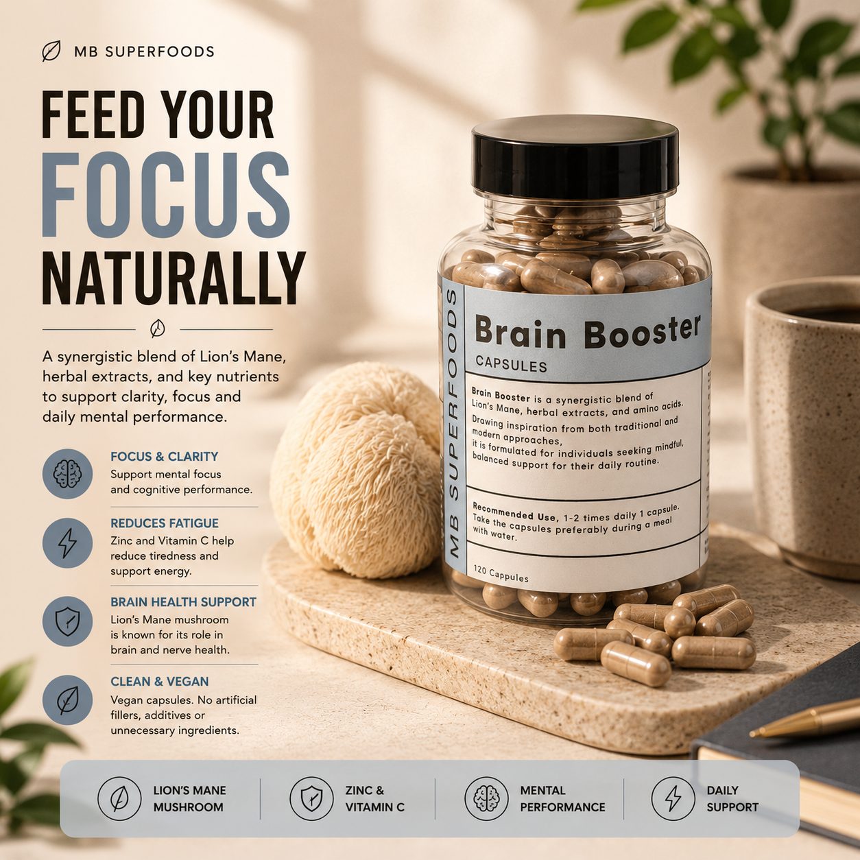 MB Superfoods Brain Booster capsules with Lion’s Mane mushroom, zinc and vitamin C for focus, clarity and daily mental performance