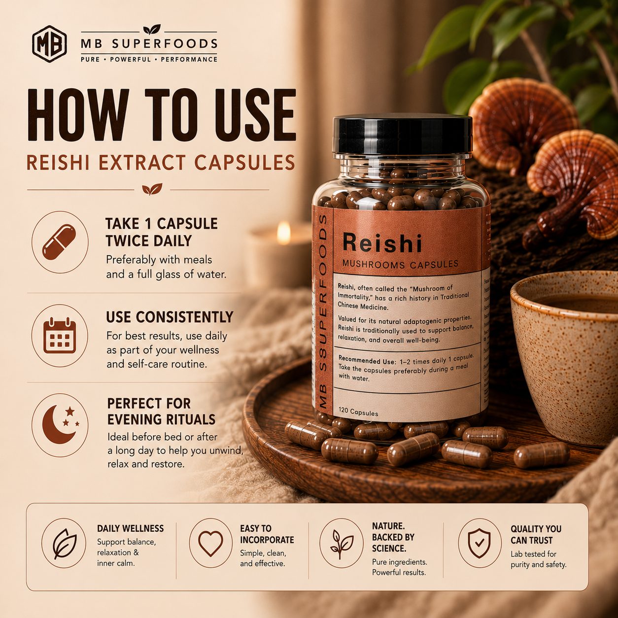 How to use MB Superfoods Reishi Extract Capsules infographic showing daily wellness routine and evening relaxation support