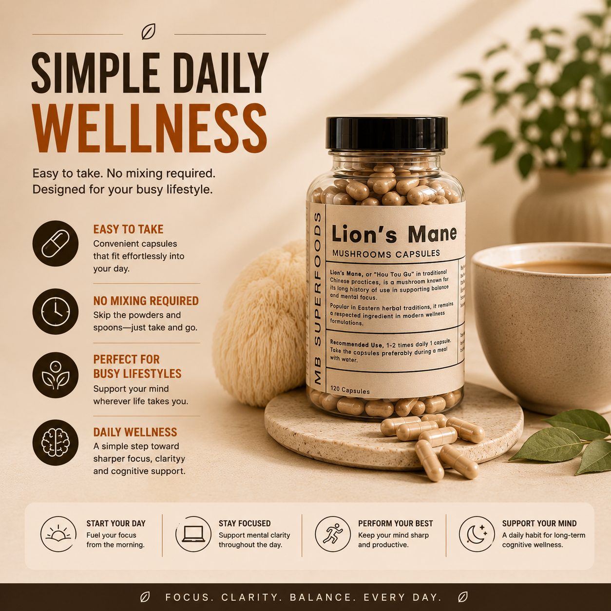 MB Superfoods Lion’s Mane Mushroom Capsules for daily wellness, focus and cognitive support