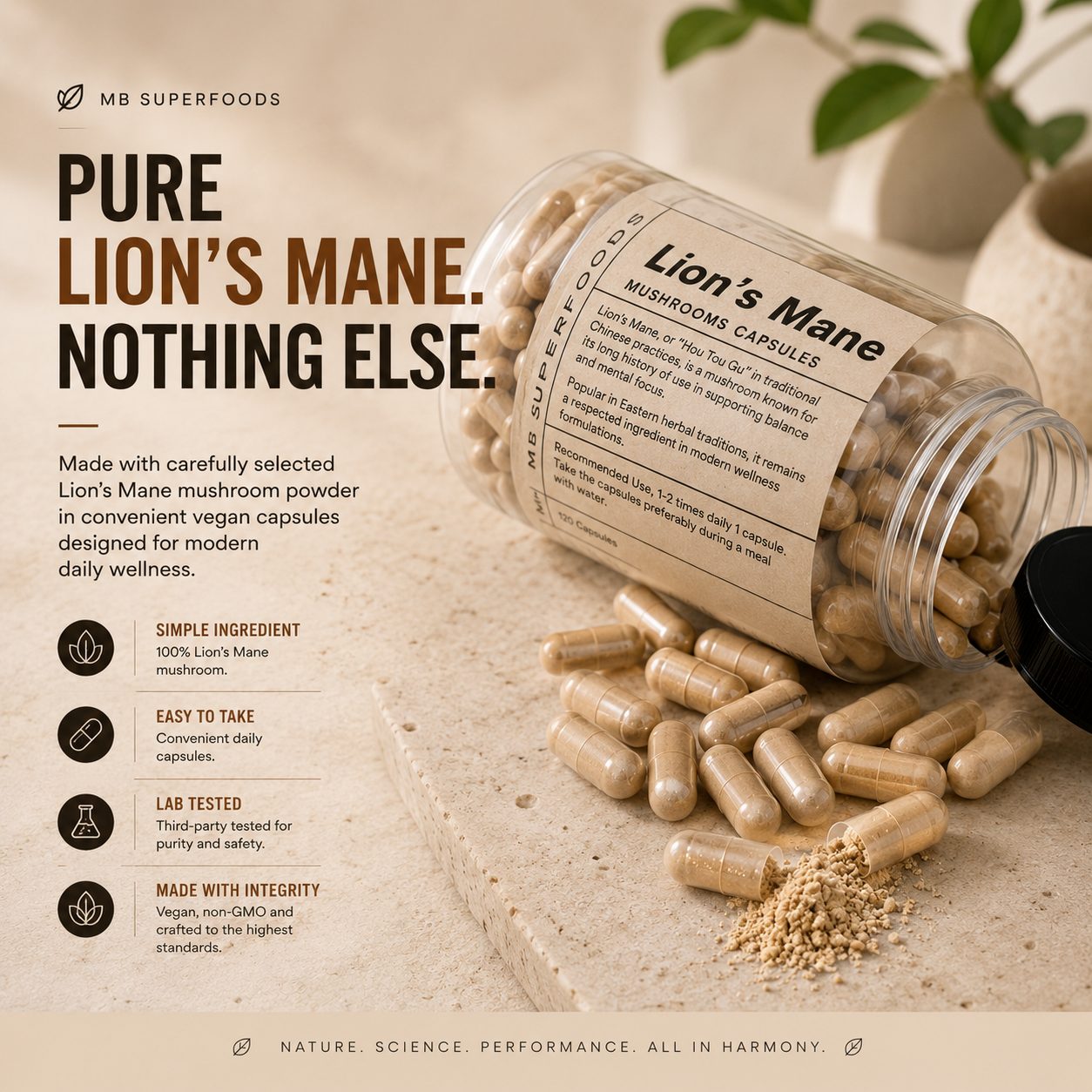 MB Superfoods Lion’s Mane mushroom capsules bottle with spilled vegan capsules and Lion’s Mane powder on a premium beige background.