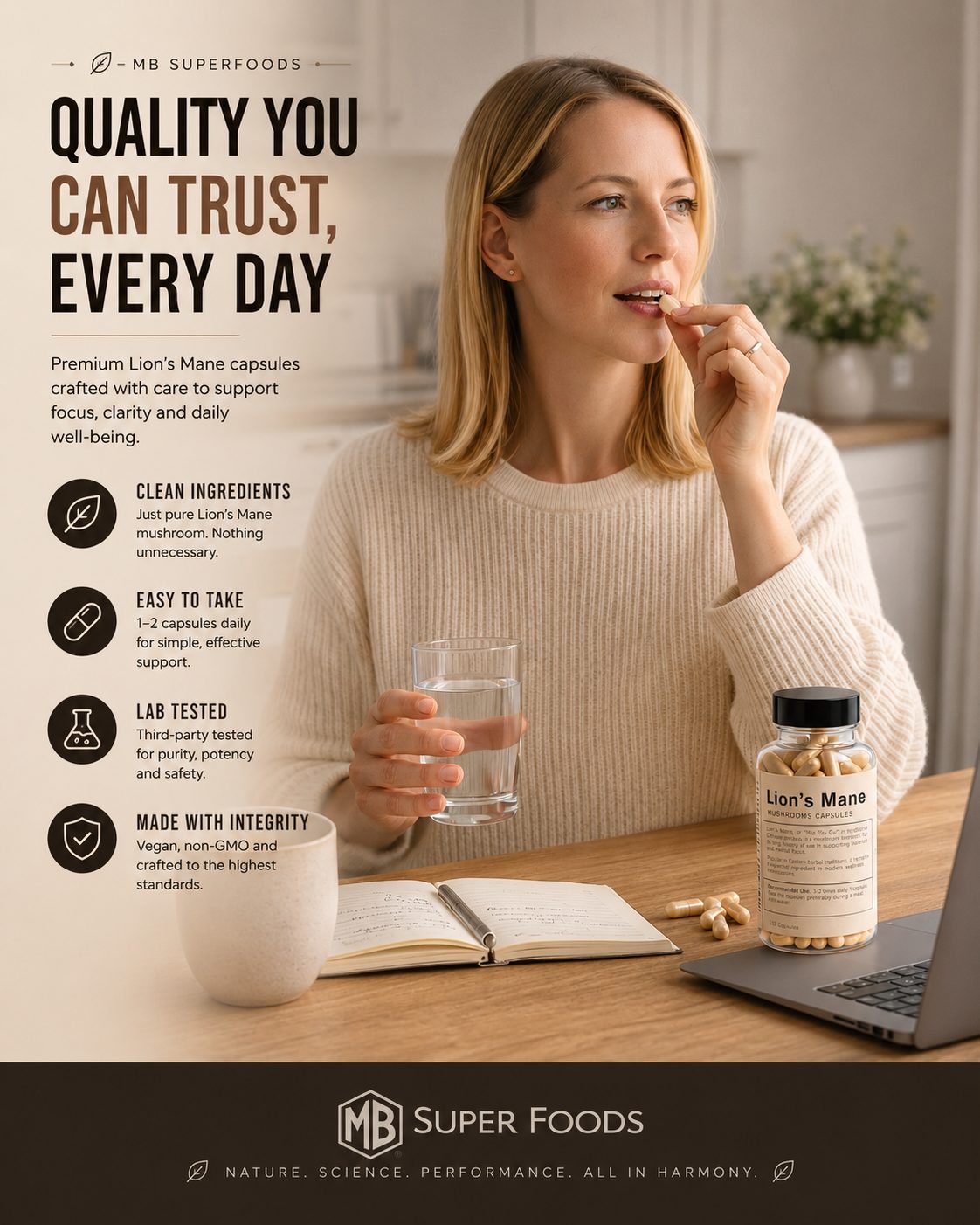 Woman taking MB Superfoods Lion’s Mane mushroom capsules in a premium wellness kitchen setting