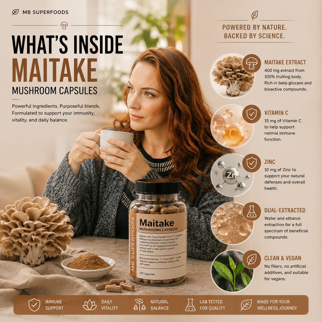 MB Superfoods Maitake Mushroom Capsules with woman drinking tea and ingredient breakdown including Maitake extract, Vitamin C, Zinc, and dual extraction