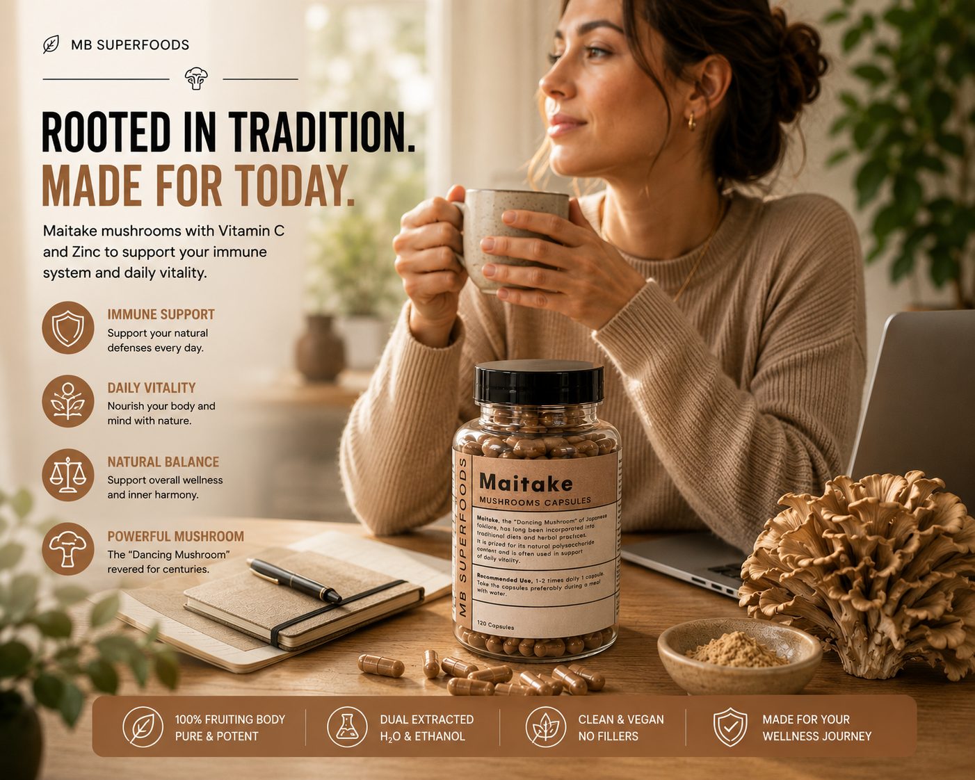 Woman drinking tea with MB Superfoods Maitake Mushroom Capsules for immune support and natural daily wellness