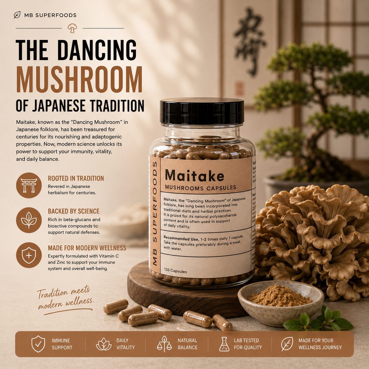 MB Superfoods Maitake Mushroom Capsules inspired by Japanese tradition with premium maitake mushroom extract and wellness support