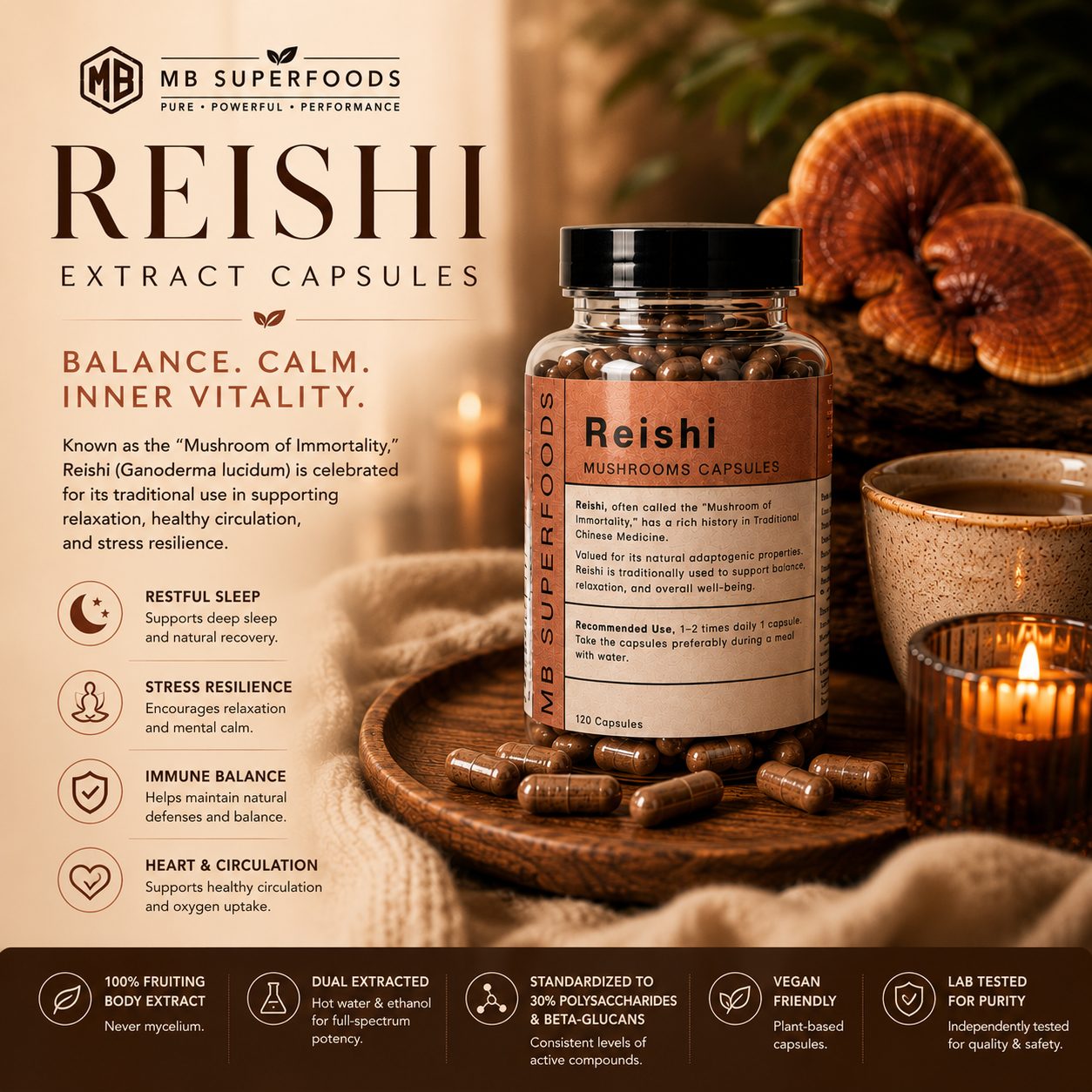 MB Superfoods Reishi Extract Capsules with Ganoderma lucidum mushroom extract for calm, balance, sleep support and daily wellness