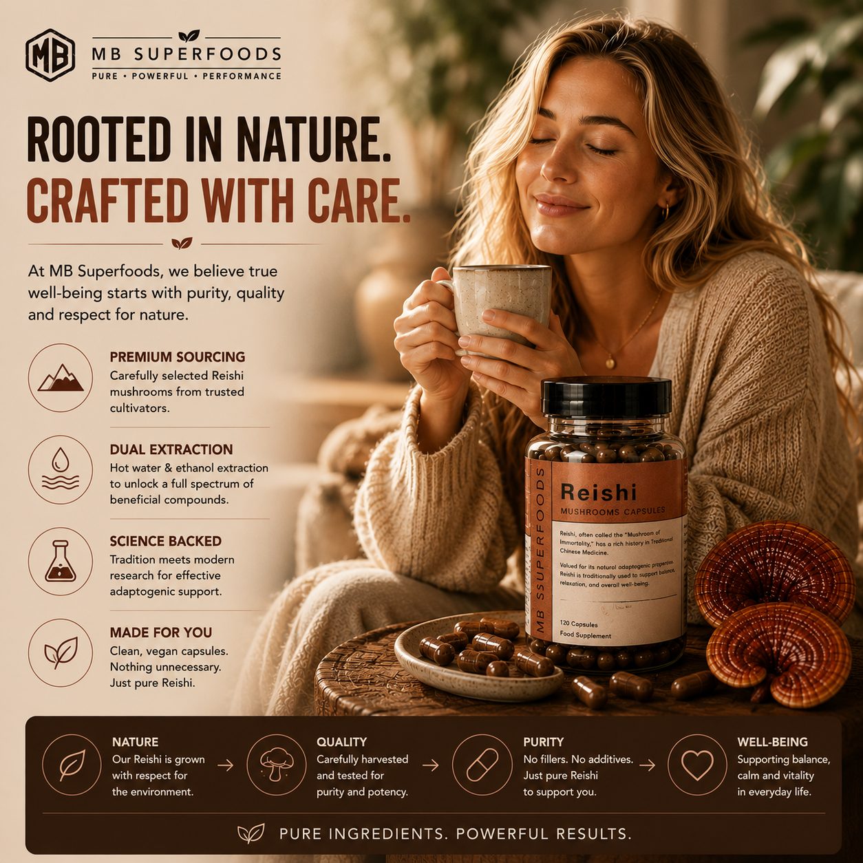 Woman enjoying MB Superfoods Reishi Mushroom Capsules in a calming natural wellness setting highlighting purity and balance