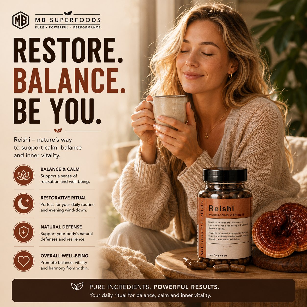 Woman enjoying MB Superfoods Reishi Mushroom Capsules in a calming wellness lifestyle setting for balance and relaxation support