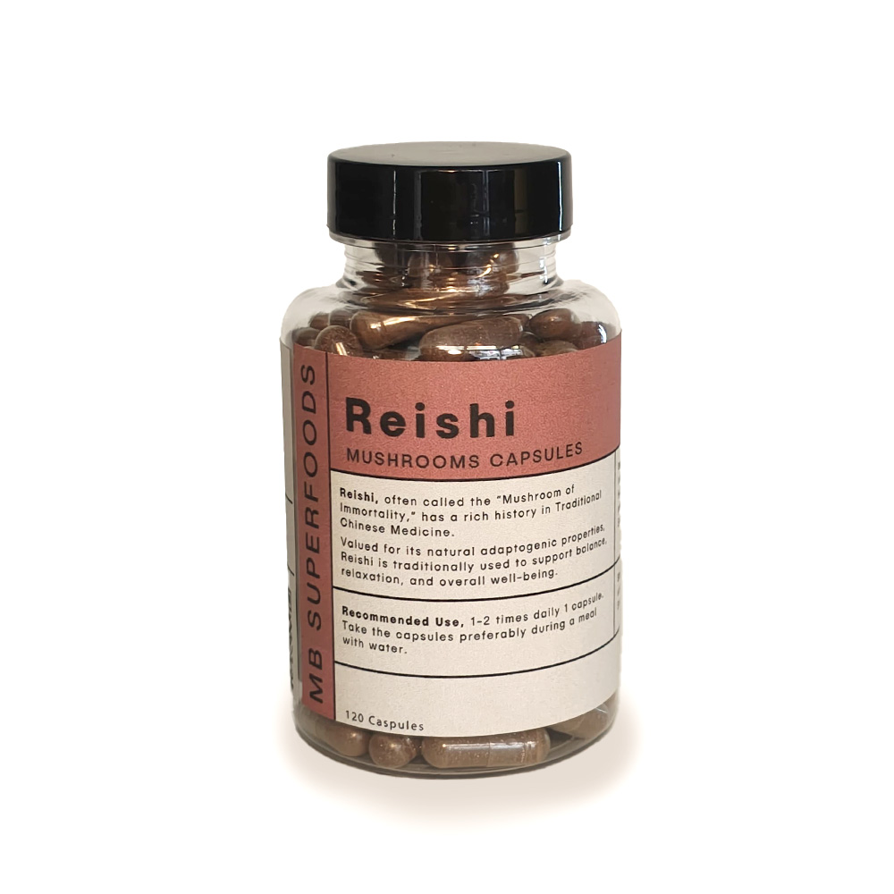 Reishi mushroom capsules bottle – MB Superfoods 120 capsules