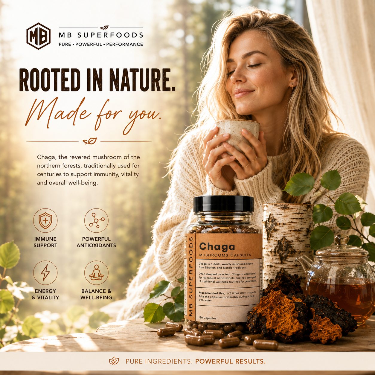 Blonde woman enjoying Chaga tea with MB Superfoods Chaga Capsules in a natural wellness setting