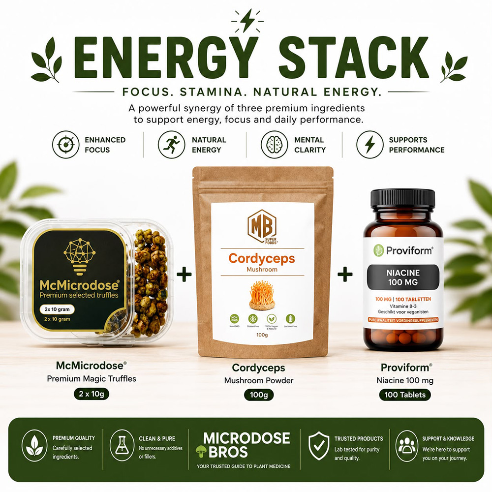 Energy Stack with McMicrodose Premium Magic Truffles, Cordyceps mushroom powder and niacin vitamin B3 tablets