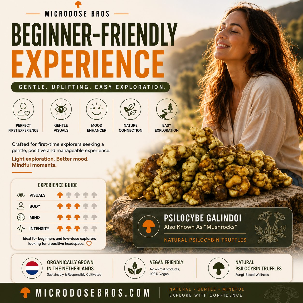 Beginner-friendly Happy Magic Truffles by Microdose Bros featuring gentle visuals, mood enhancement, and easy psilocybin exploration for first-time users