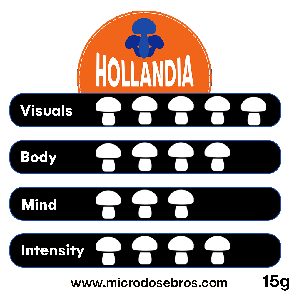 Hollandia Magic Truffles – 15 Grams strength chart for visuals, body, mind, and intensity