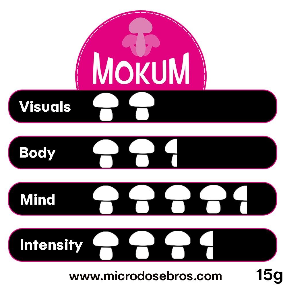 Magic Truffles Mokum – 15 Grams strength chart showing visuals, body, mind, and intensity