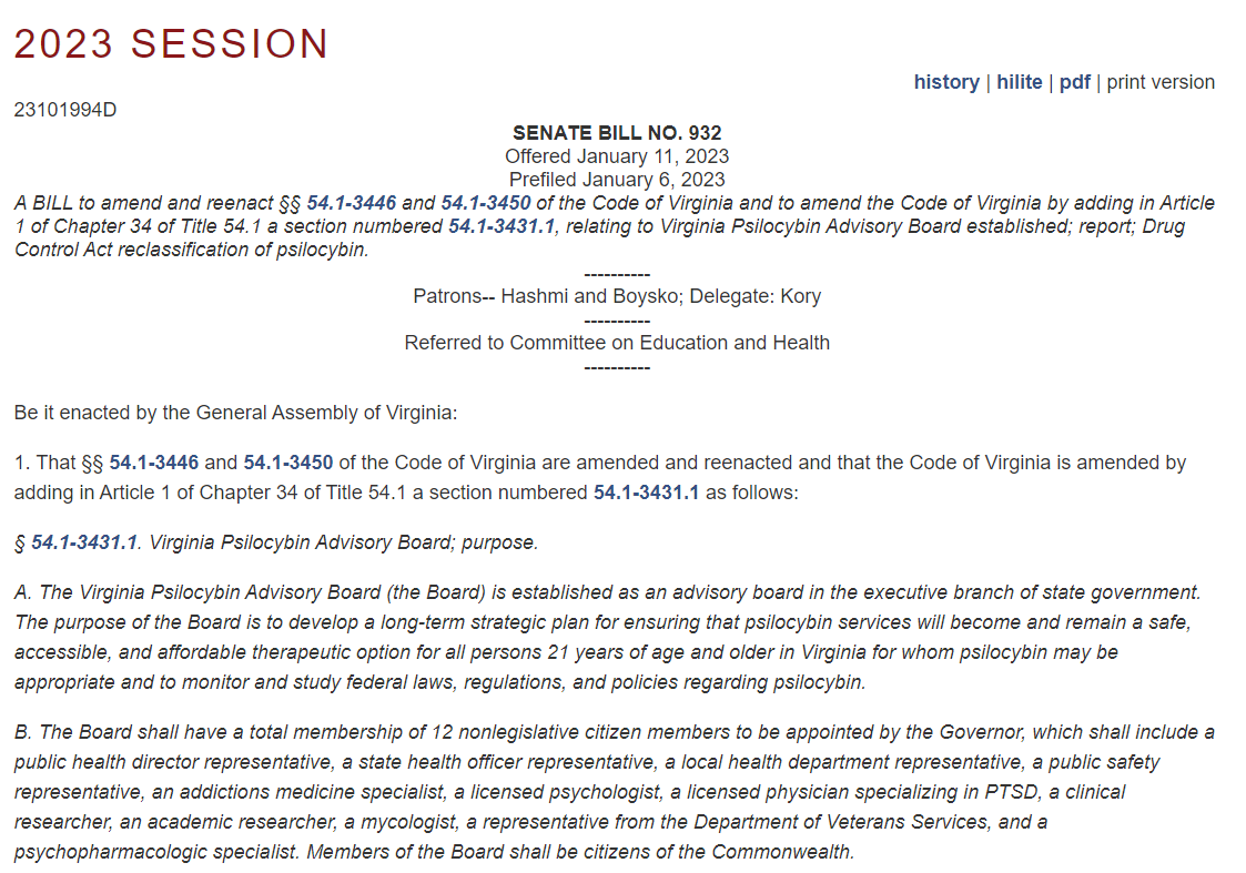VIRGINIA SENATE APPROVES PSILOCYBIN