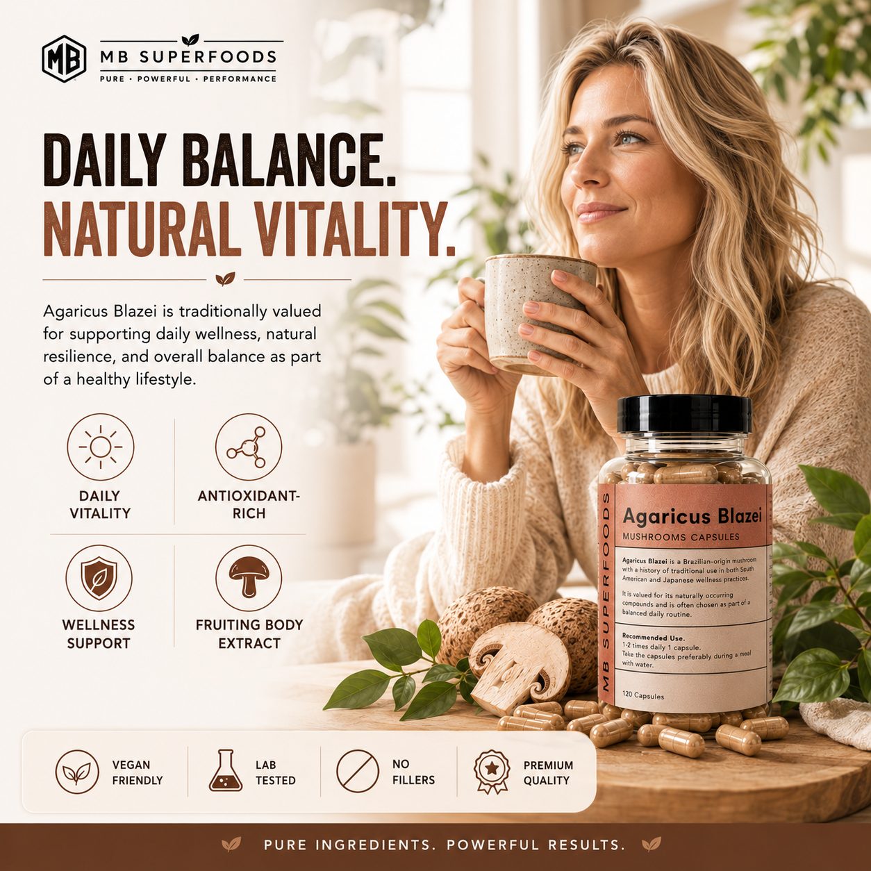 Woman enjoying MB Superfoods Agaricus Blazei Capsules for daily balance, natural vitality and wellness support