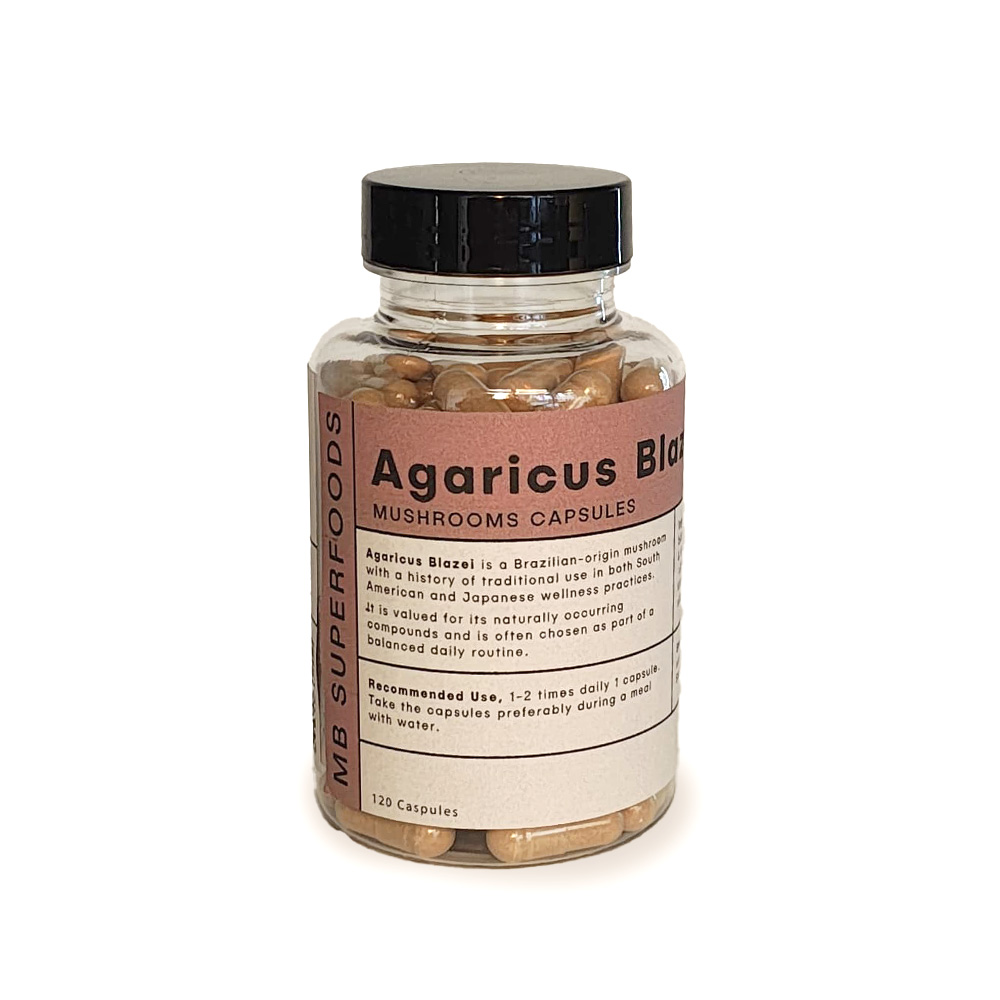 Agaricus Blazei mushroom capsules bottle – MB Superfoods 120 capsules