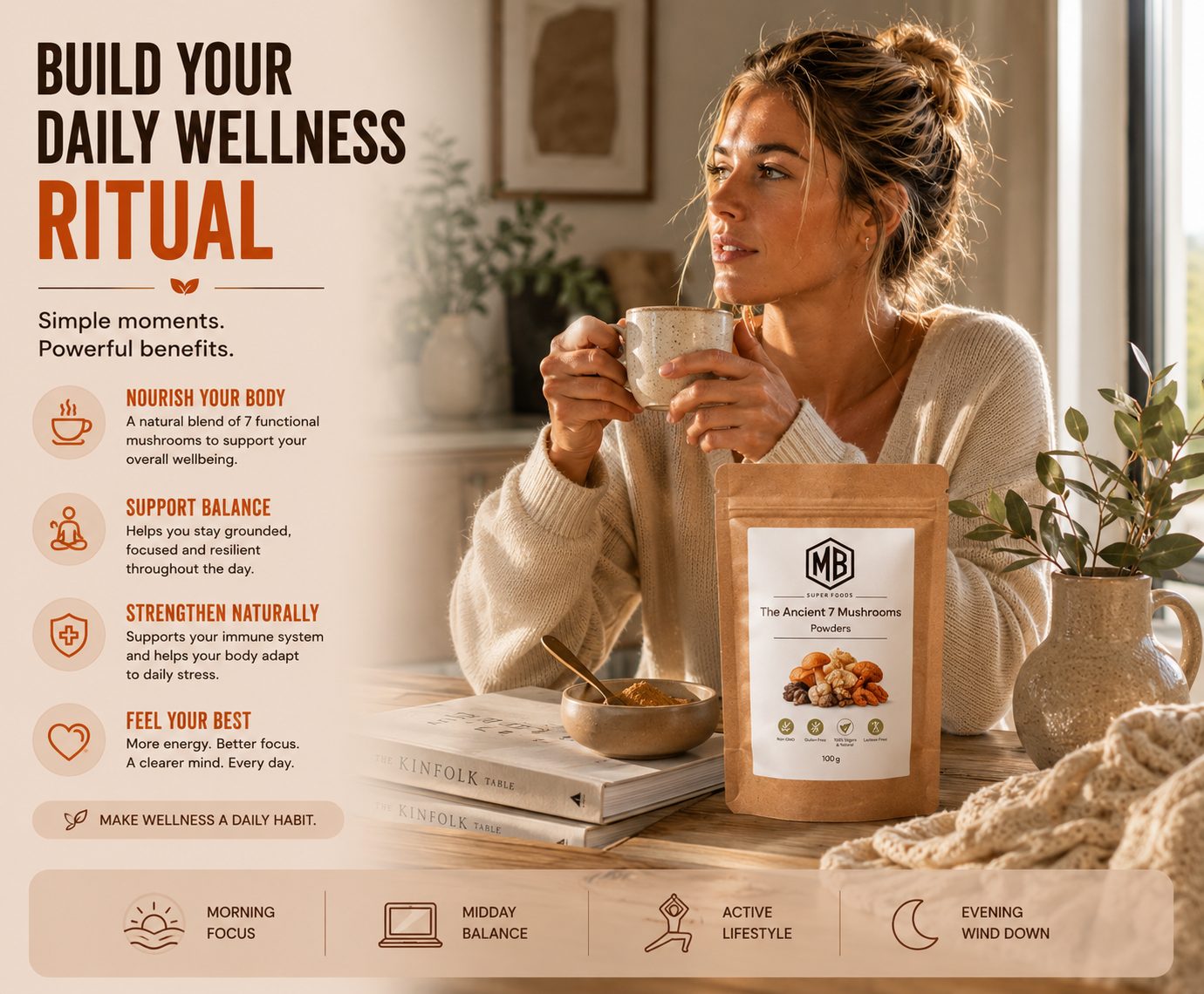 Woman enjoying Ancient 7 Mushroom Powder by MB Superfoods during a cozy morning wellness ritual with tea in a warm natural home setting.