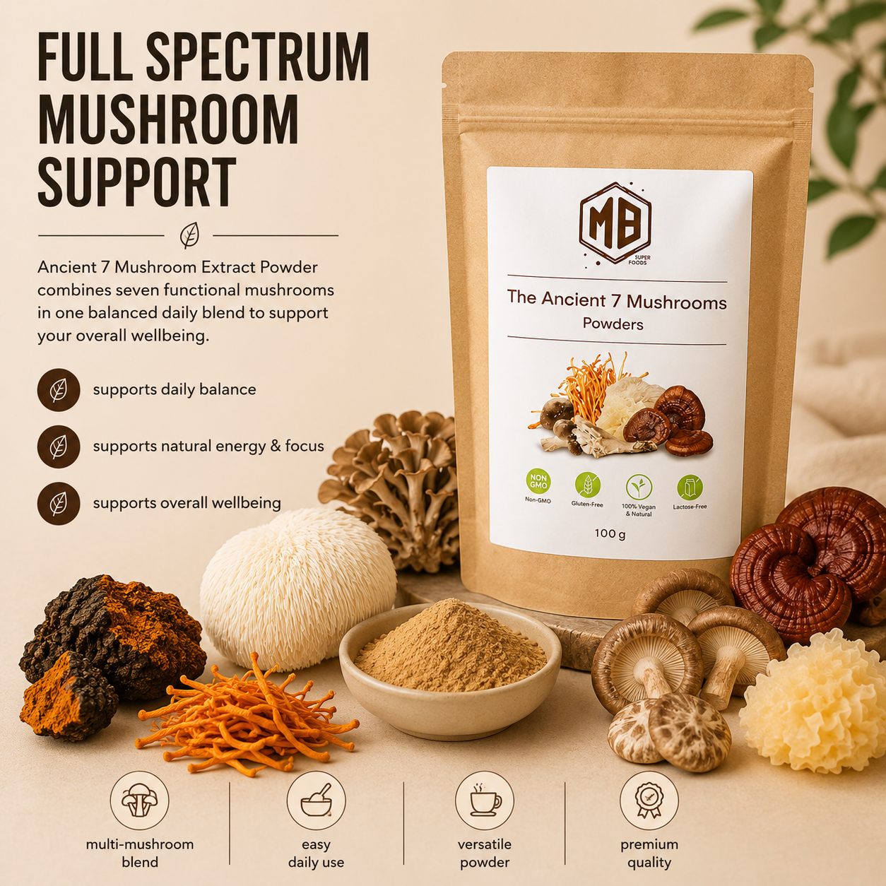 Ancient 7 Mushroom Extract Powder by MB Superfoods with Reishi, Chaga, Lion’s Mane, Cordyceps, Shiitake, Maitake, and Tremella mushrooms displayed around the pouch.
