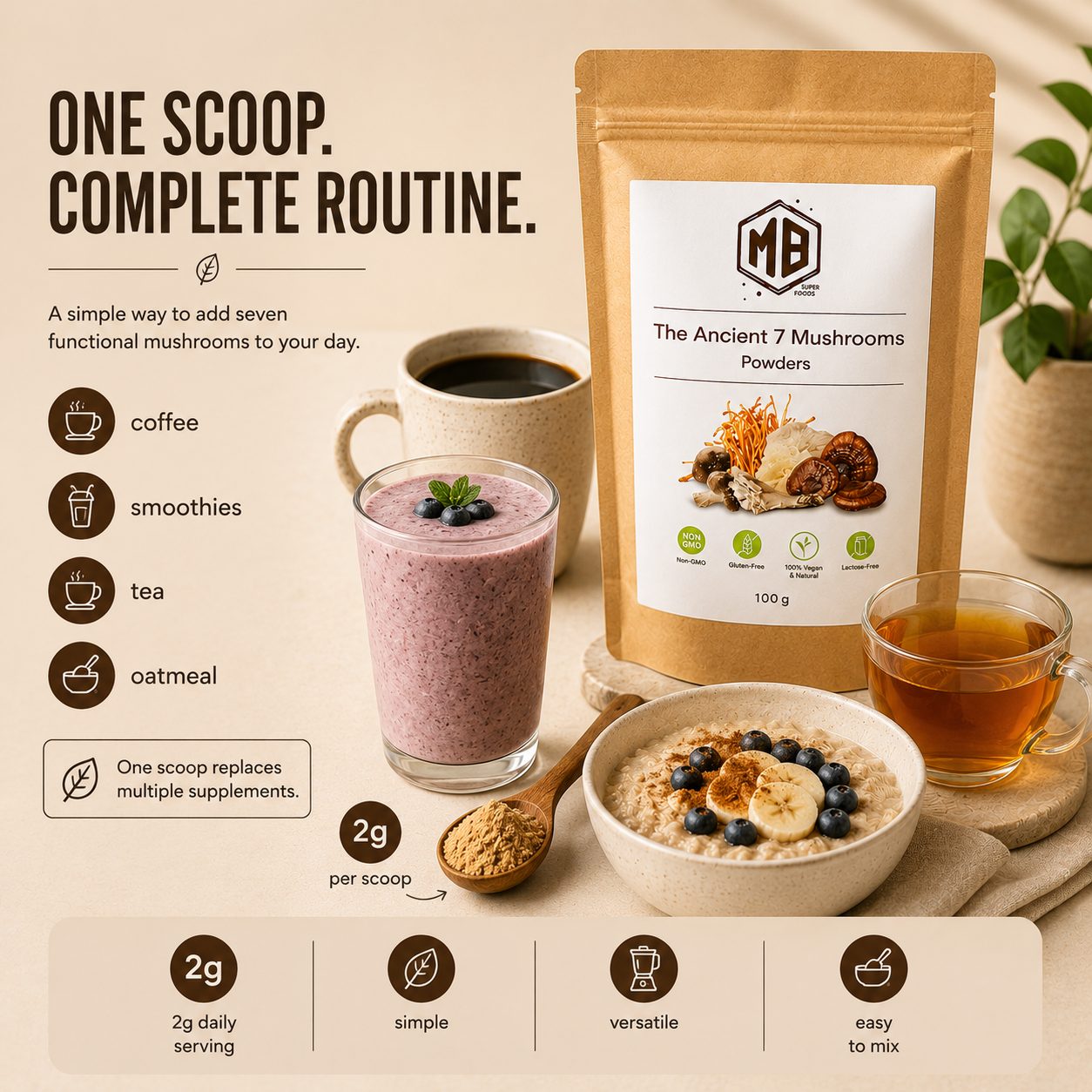 Ancient 7 Mushroom Powder by MB Superfoods shown with coffee, smoothie, tea, and oatmeal demonstrating versatile daily use with a 2g serving scoop.