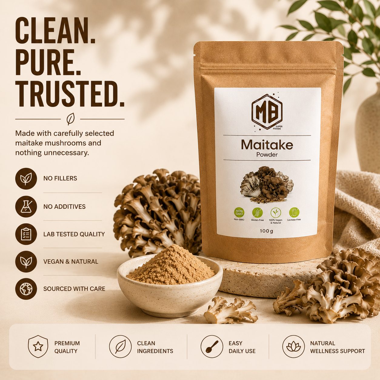 MB Superfoods Maitake Mushroom Powder with real maitake mushrooms and clean natural ingredients