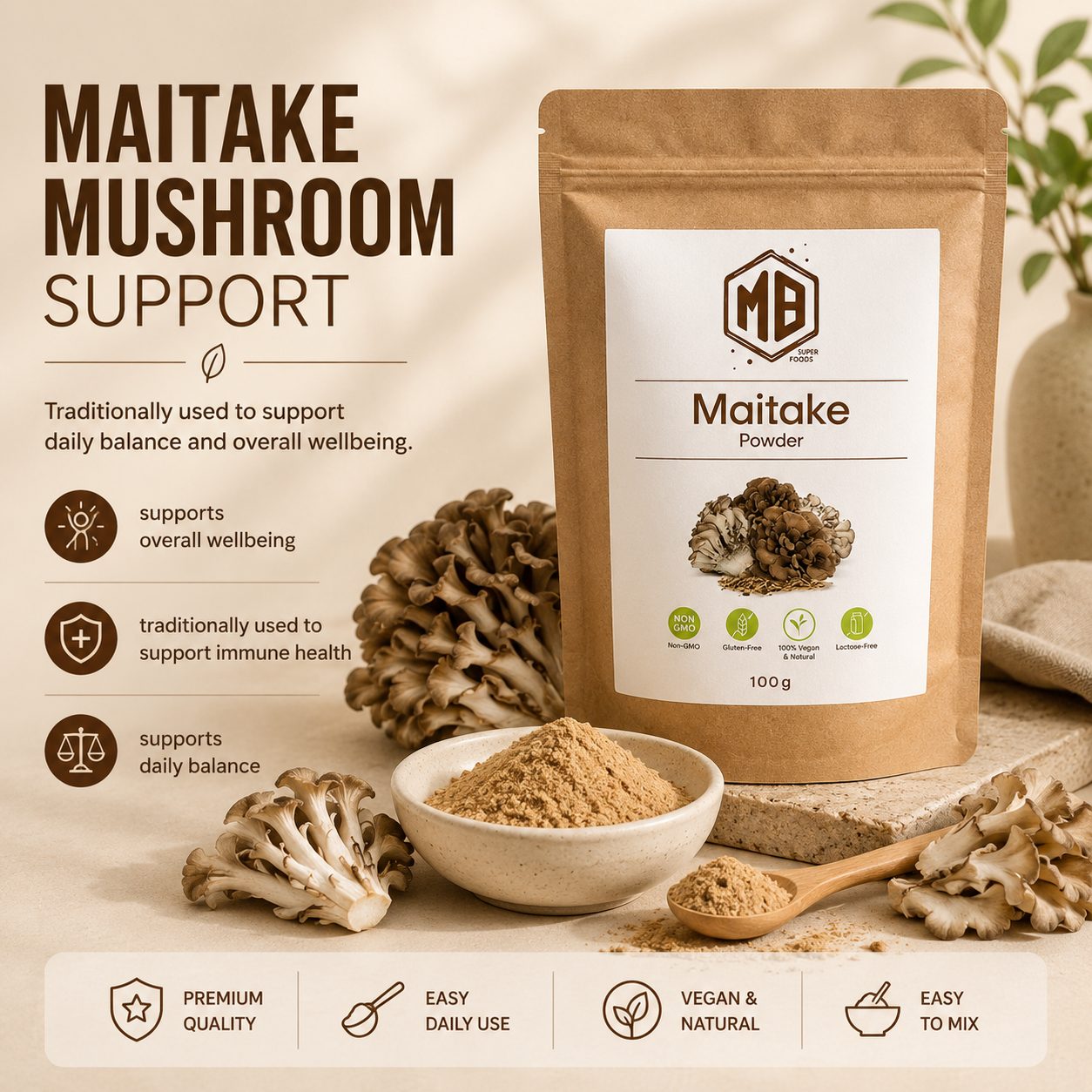 MB Superfoods Maitake Mushroom Extract Powder with real maitake mushrooms and powder bowl supporting overall wellbeing and daily balance